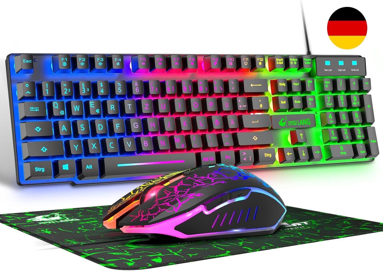 ZIYOU LANG Deutsches DE Layout Kabelgebundene Gaming 104 tasten LED Regenbogen Tastatur- und Maus-Set, 2400 DPI 6-Tasten-Maus Tastatur kompatibel mit PC PS5 PS4 Xbox