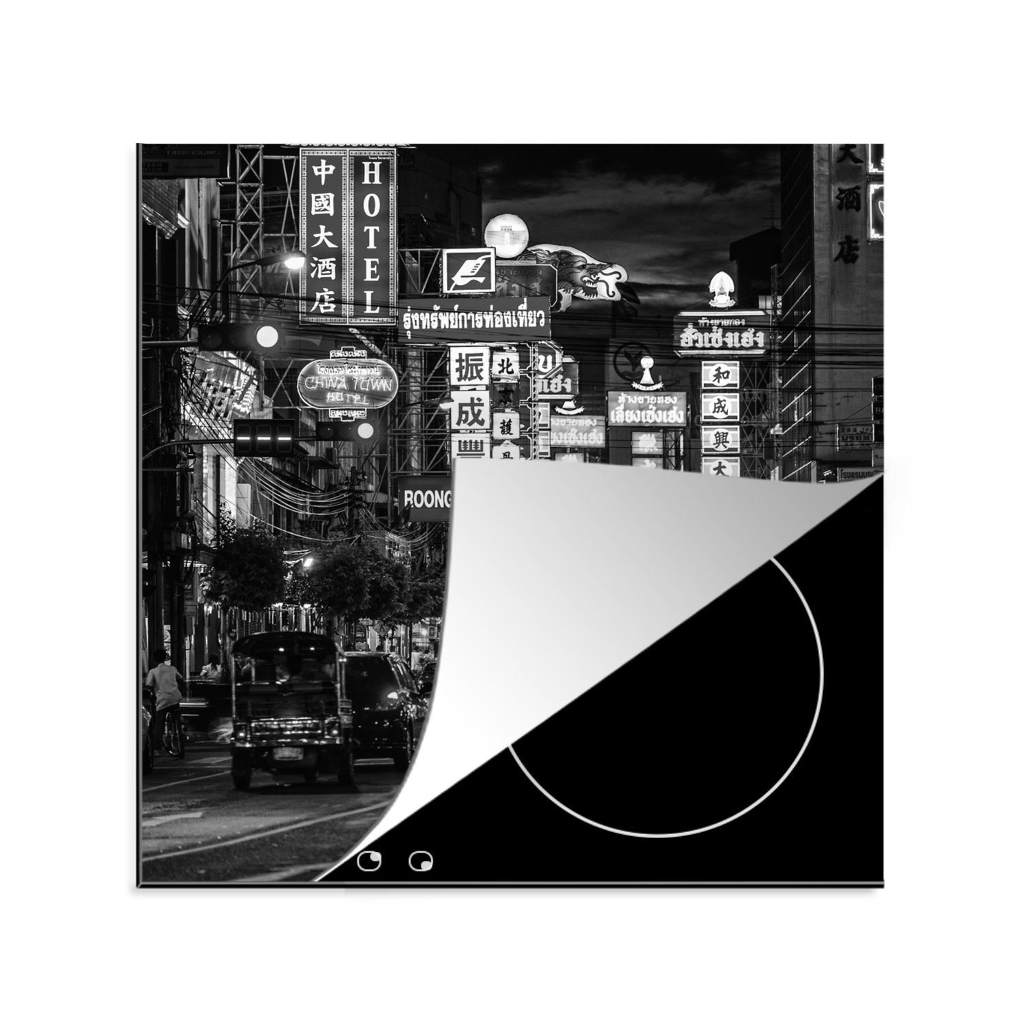 MuchoWow Herdblende-/Abdeckplatte tlg), - - für Arbeitsplatte Schwarz Bangkok Werbeschild - (1 Ceranfeldabdeckung, - Weiß, Autos Vinyl, 78x78 küche cm
