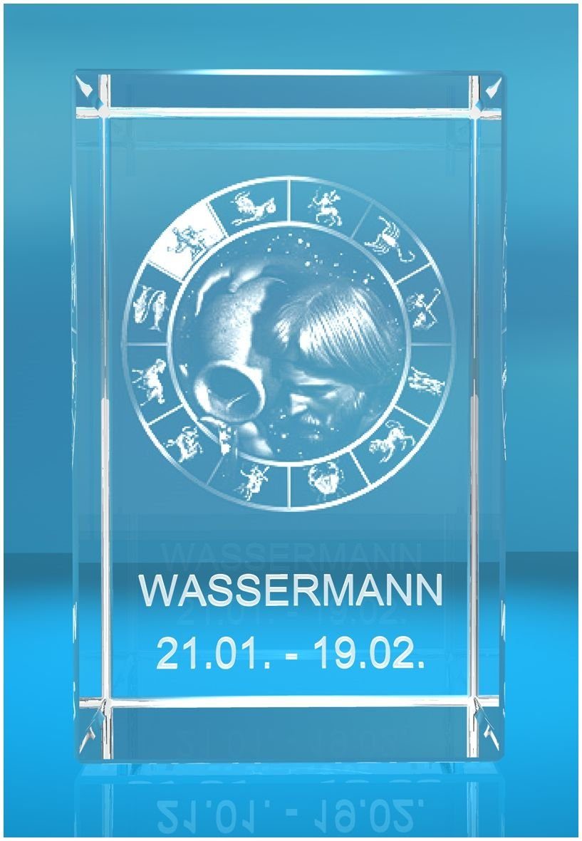 VIP-LASER Dekofigur 3D Glasquader Motiv: Sternzeichen Wassermann, Hochwertige Geschenkbox, Made in Germany, Familienbetrieb