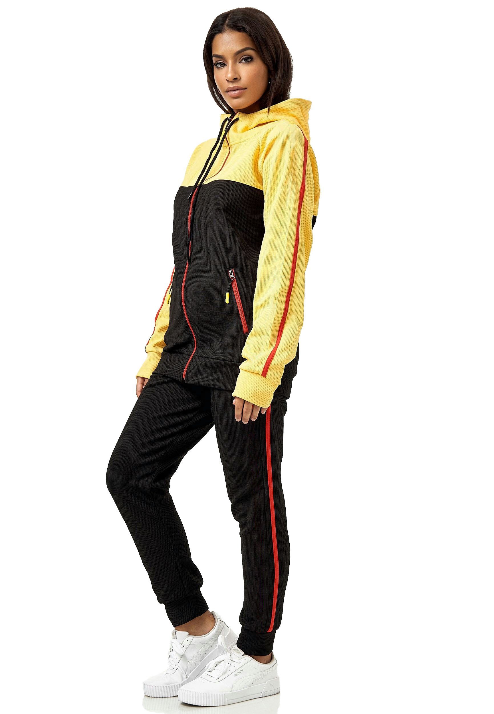 L.gonline Freizeitanzug Damen Jogginganzug Freizeitanzug Sportlich 3750 (Kapuzenjacke mit Reißverschluss, Hose, 2-tlg), mit Streifen