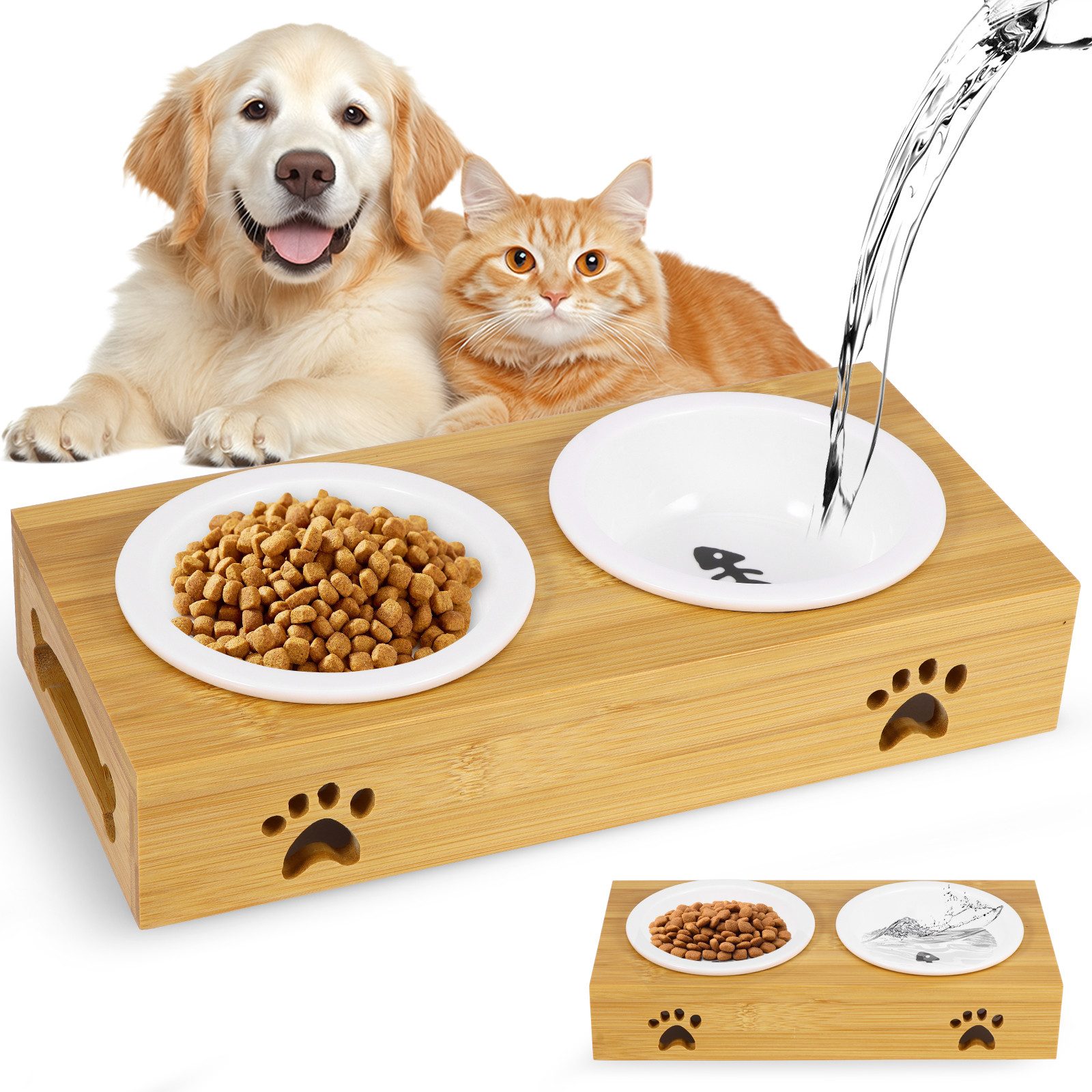 BlingBin Futternapf Doppelnapf Futterstation für Katzen Hunde, Futterständer für Haustiere, Keramik, 2x Keramik Napf, je 200ml, spülmaschinenfest,Bambus Napfbar,Natur/weiß