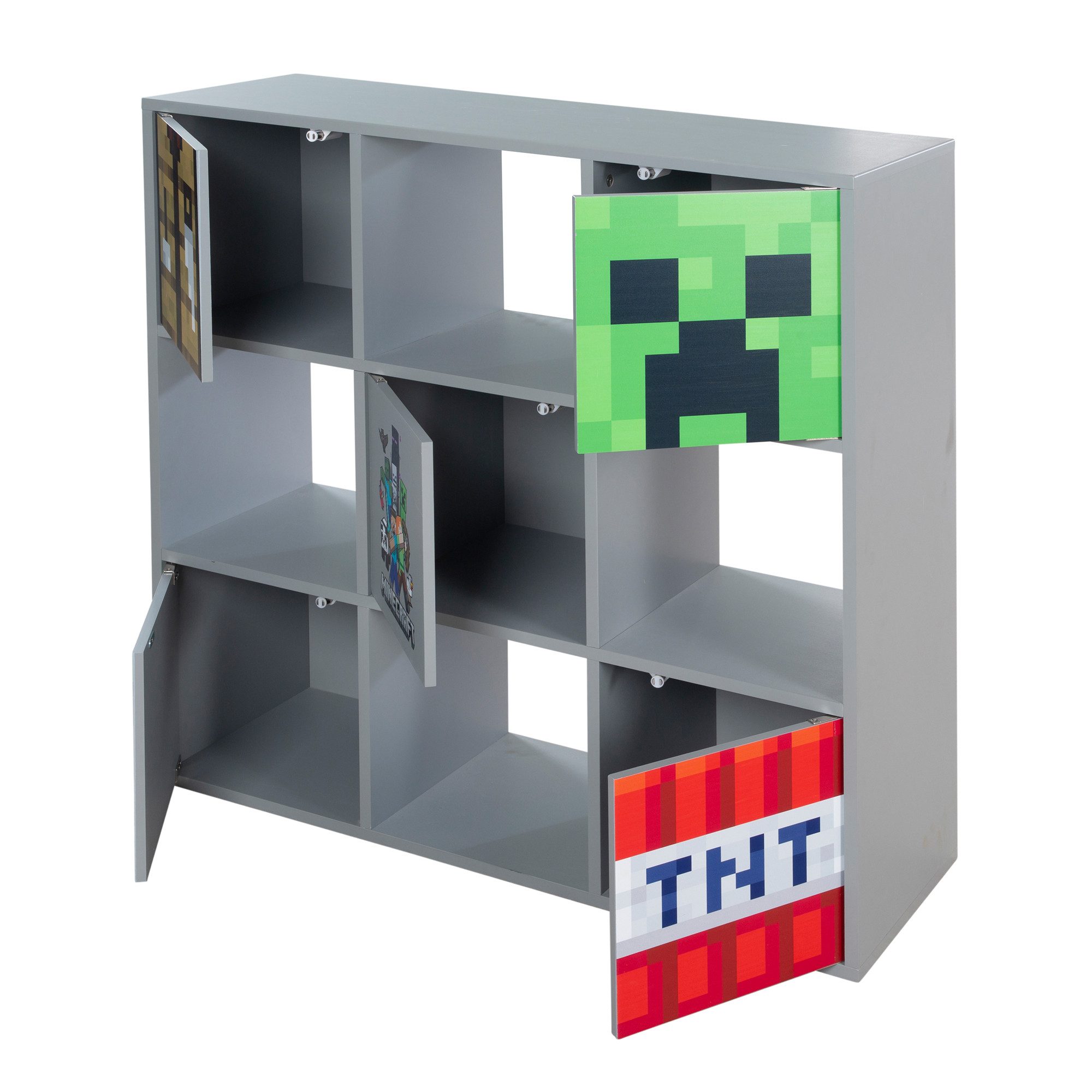 Minecraft Regal mit 4 Fächern & 5 Push to Open Türen - aus Holz mit Minecraft Motiv, 9 Fächer- Stauraumregal für Kinder, Jugendliche & Erwachsene - Grau – Bild 5 von 5