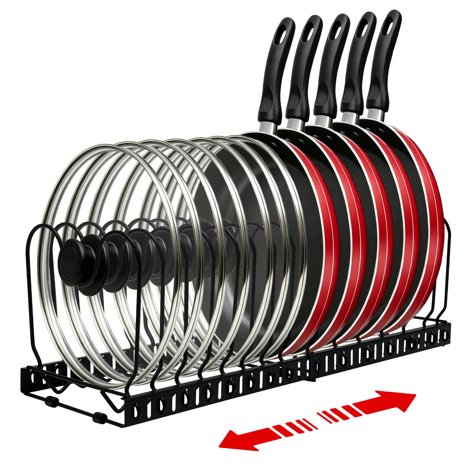 SunJas Geschirrständer Topfdeckelhalter verstellbar Pfannenhalter mit 15 Fächern, Zubehör für Geschirrdeckel Organizer für Schublade & Schrank, Erweiterbarer Küchenorganizer für Teller, Töpfe & Deckel