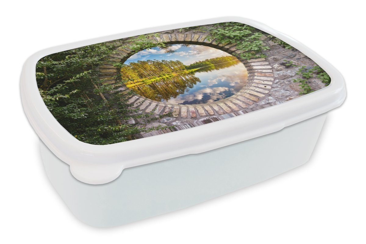 MuchoWow Lunchbox Bäume - Wasser - Aussicht, Kunststoff, (2-tlg), Brotbox für Kinder und Erwachsene, Brotdose, für Jungs und Mädchen weiß