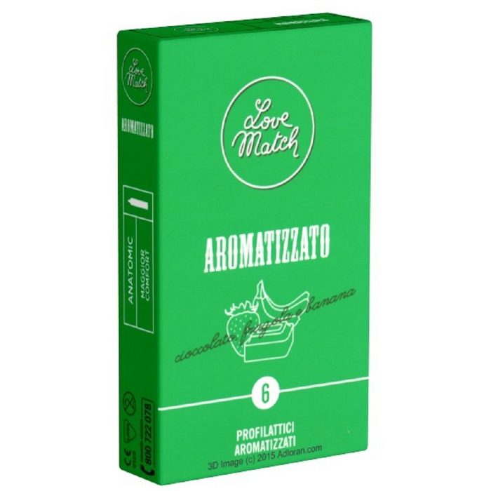 Love Match Kondome Aromatizzato Packung mit 6 St. bunte aromatisierte Kondome in Rundfolien