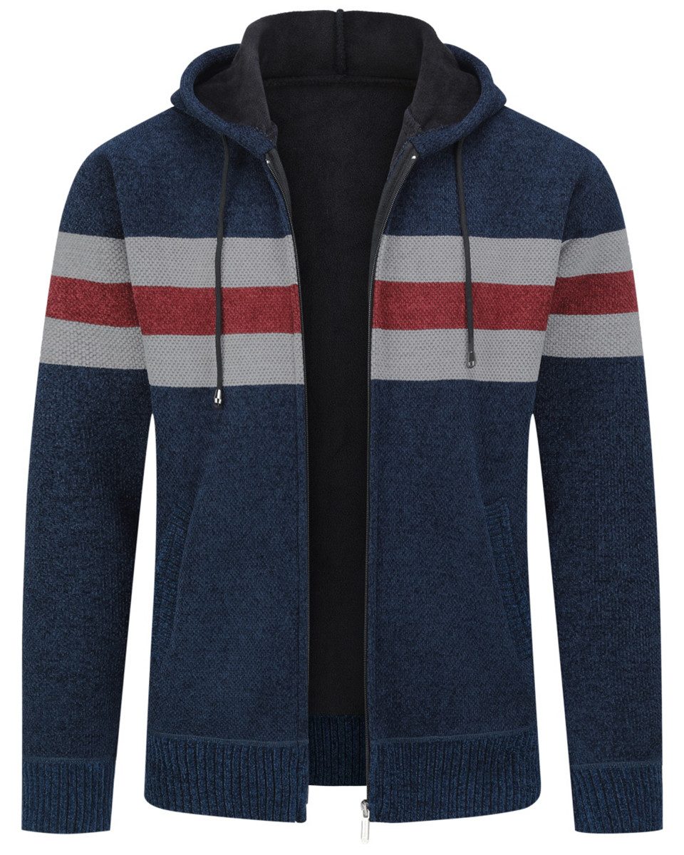 Allthemen Cardigan mit Kapuze Strickjacke Herren gefütterte Winterjacke Kontraststreifen
