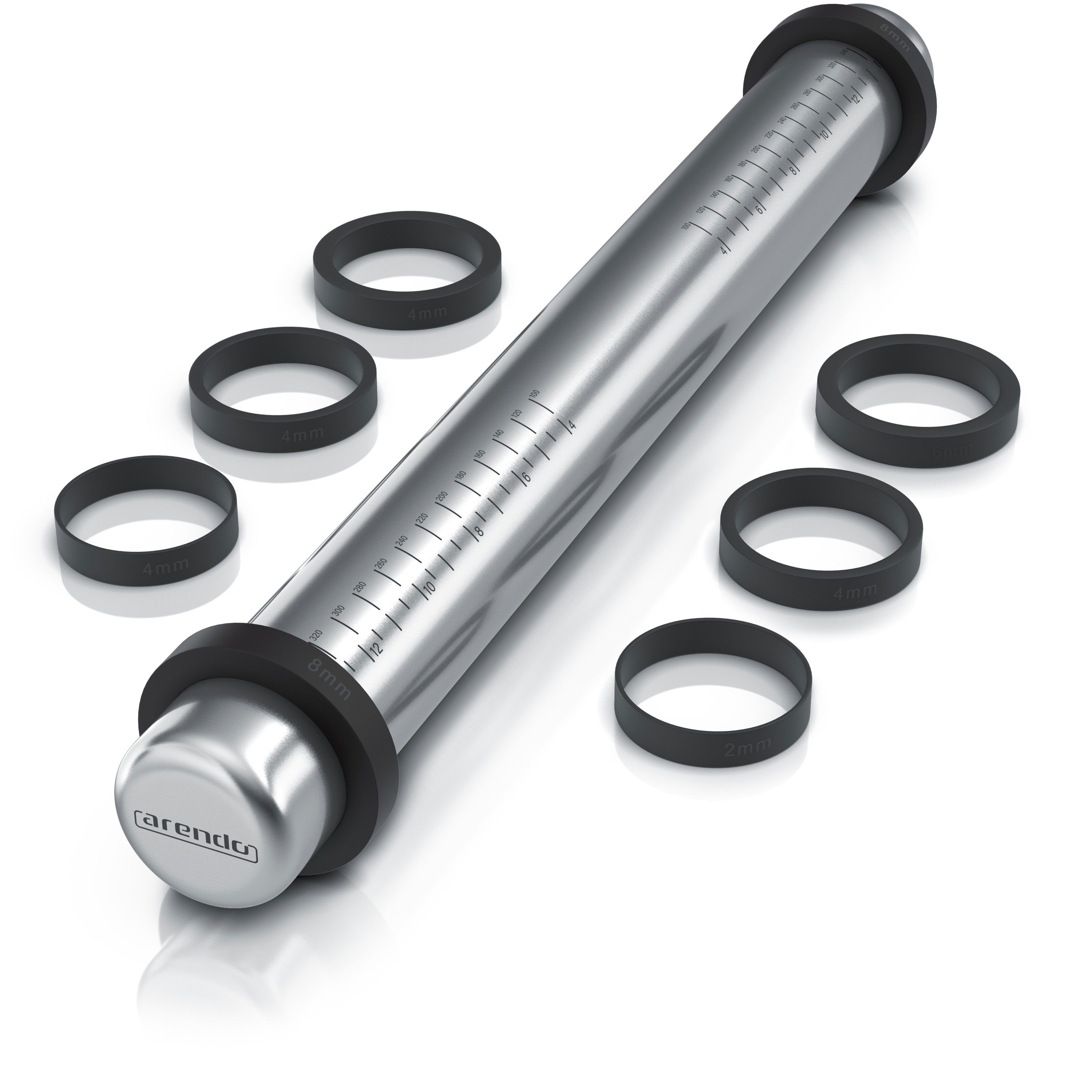 Arendo Качалки Verstellbarer Teigroller mit Abstandsringen, Edelstahl, Messskala Edelstahl, (9-tlg), 2-4-6-8 mm Teigdicke, 42 cm Довжина, spülmaschinengeeignet, antihaft
