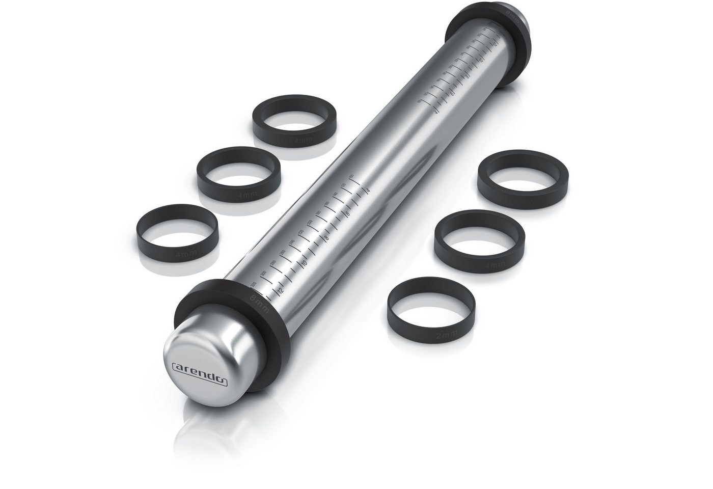 Arendo Nudelholz Verstellbarer Teigroller mit Abstandsringen, Edelstahl, Messskala Edelstahl, (9-tlg), 2-4-6-8 mm Teigdicke, 42 cm Länge, spülmaschinengeeignet, antihaft