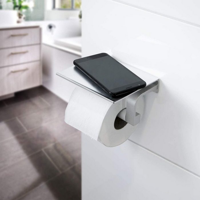 EASYmaxx Toilettenpapierhalter 2in1 Toilettenhalterung mit Smartphone-Ablage Chrom ohne Bohren