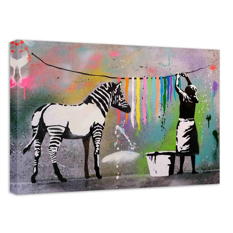 Leinwando Wandbild Banksy Bilder auf Leinwandbild Zebra Farbe/ Street Art graffiti fertig zum aufhängen