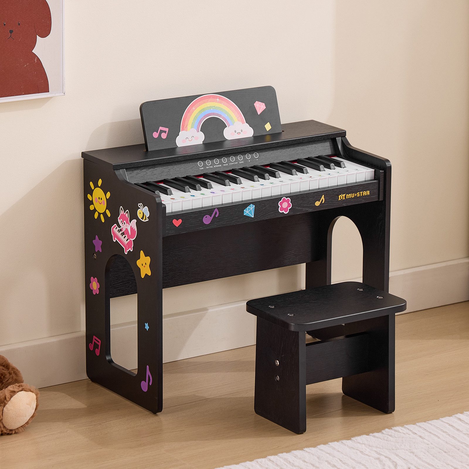 MUSTAR Klavier aus Holz mit Hocker, Notenbuch und Aufklebern, 37 Tasten (2-St., mit Piano Bench), 37 Tasten Kinderklavier, DIY Lernaufkleber & Tastaturaufkleber