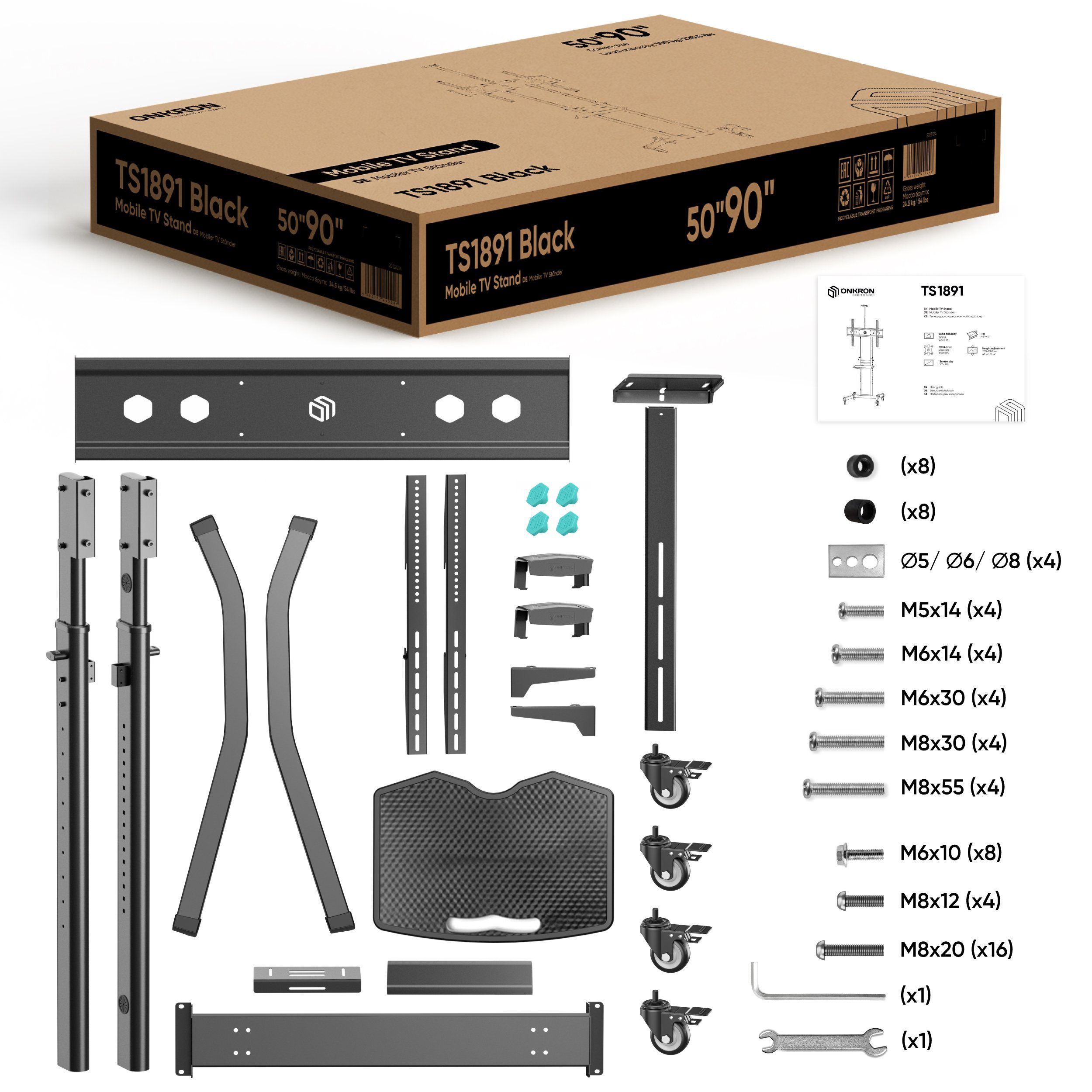 ° Rollen, TV 50- TV von VESA ~ TV-Ständer, VESA Neigungswinkel für TV 90,00 Zoll auf 90 + Zoll, Rollen, 90 Ständer Ständer auf 200x200-800x600) 5 TV (bis bis TV kg Rollwagen, ONKRON - Ständer, Wagen °, TV 5