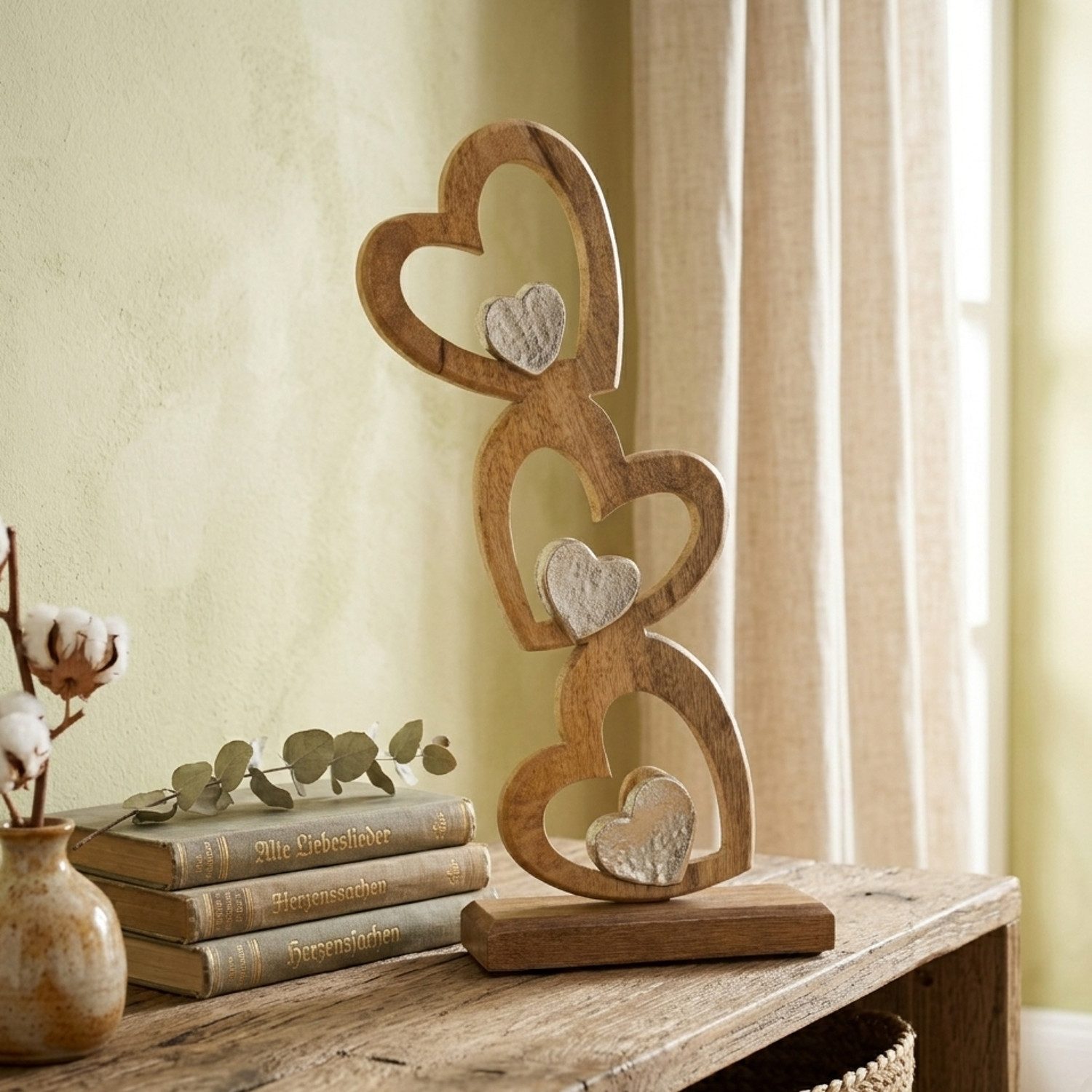Macosa Home Skulptur Herzen 40 cm Metall Holz Braun Silber (Dekoskulptur Deko, 1 St., Edle Dekoration & Geschenkidee Hochzeit Jahrestag), Dekofigur Wohnaccessoire für Regal, Tisch, Sideboard
