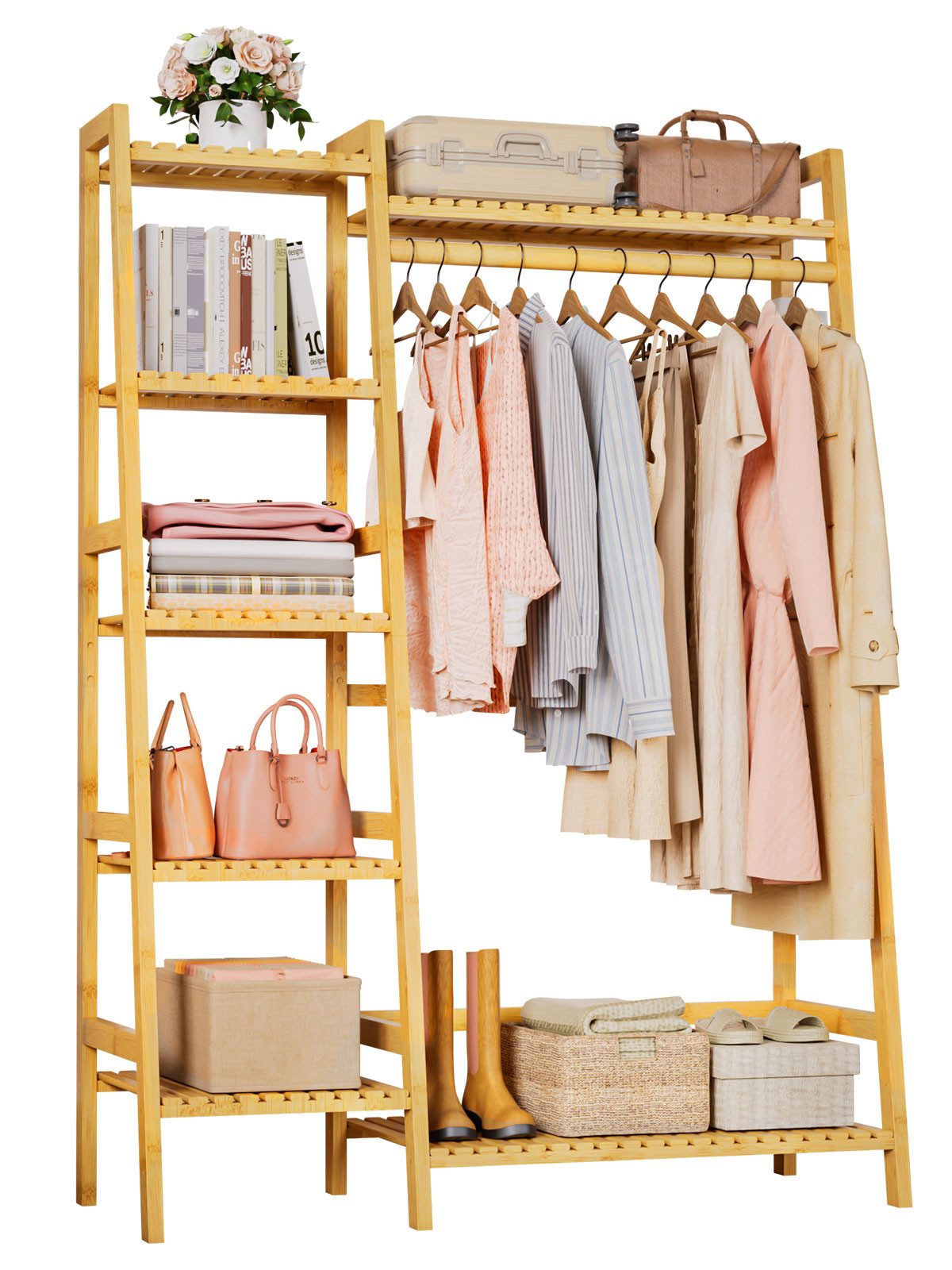Yorbay Вешалки для одежды aus Bambus, Multifunktionale Вешалки 103x40x145 cm, 7 Ablagefächer Garderobe für Flur, Schlafzimmer & Büro