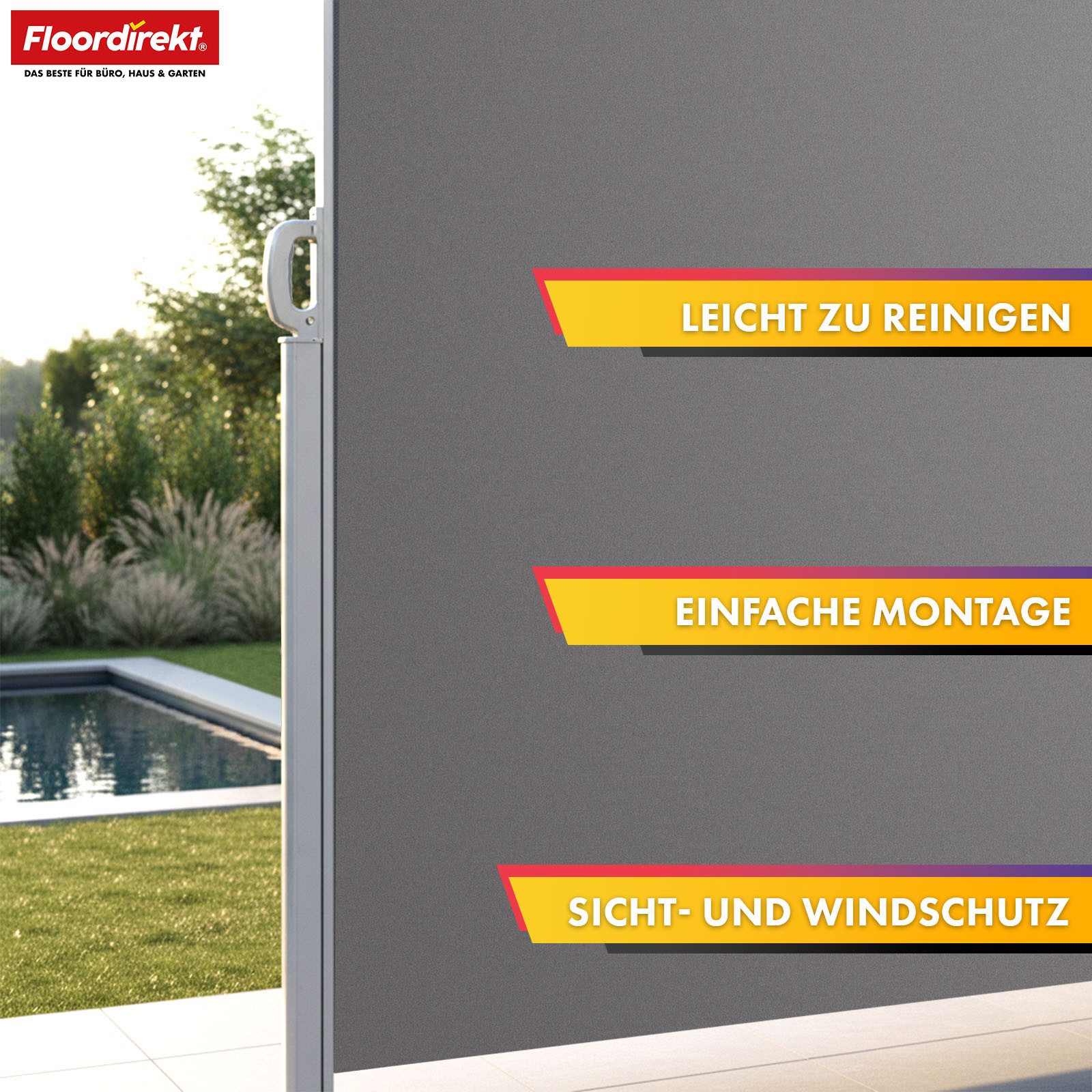 Floordirekt Seitenmarkise aus Aluminium Sichtschutz & Sonnenschutz für Balkon, Terrasse & Garten (140x300 cm) UV-beständig, hohe Stabilität, witterungsbeständig – Bild 5 von 5