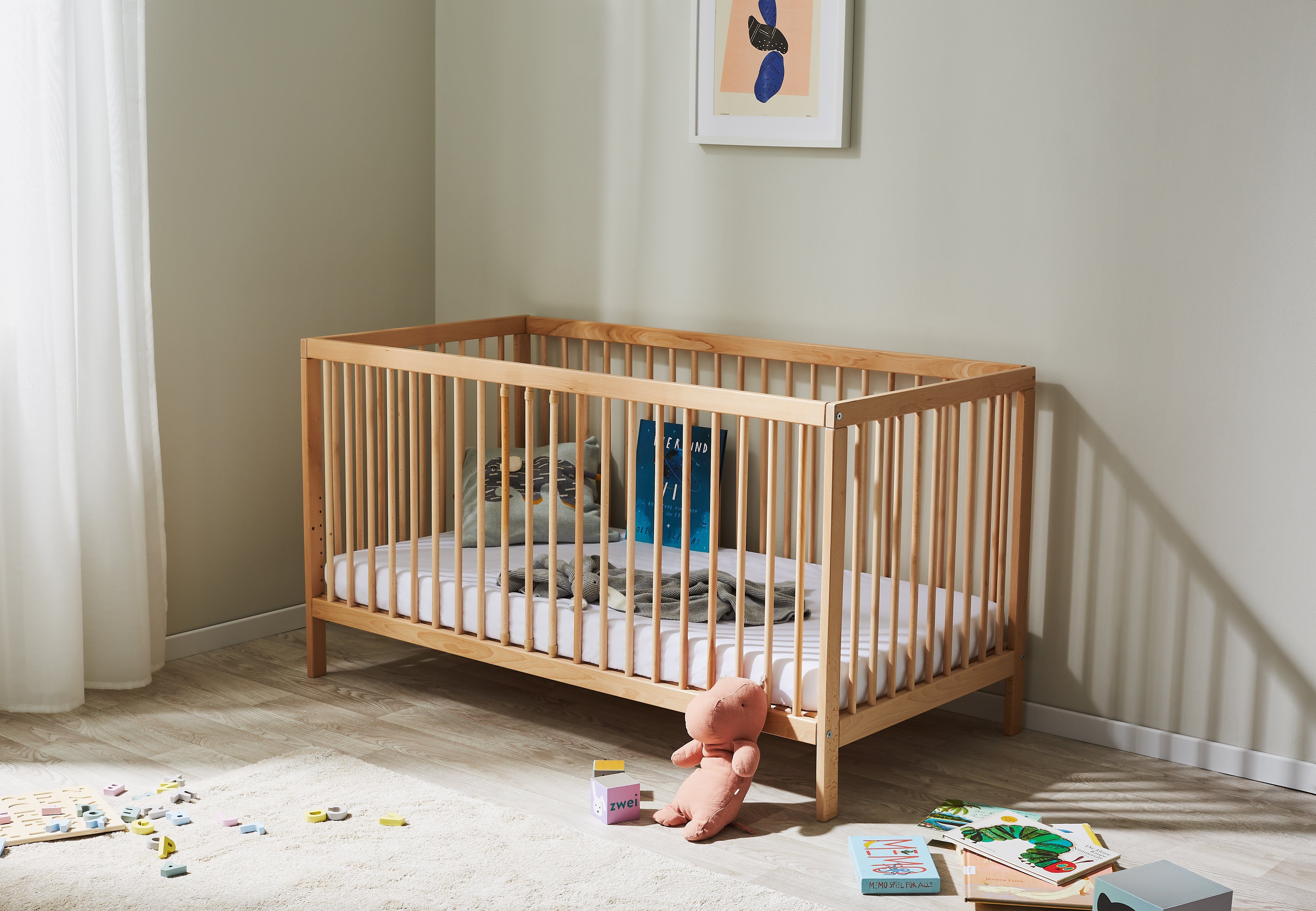 Babybett Kinderbett Gitterbett 60x120 und 70x140 cm herausnehmbare Sprossen