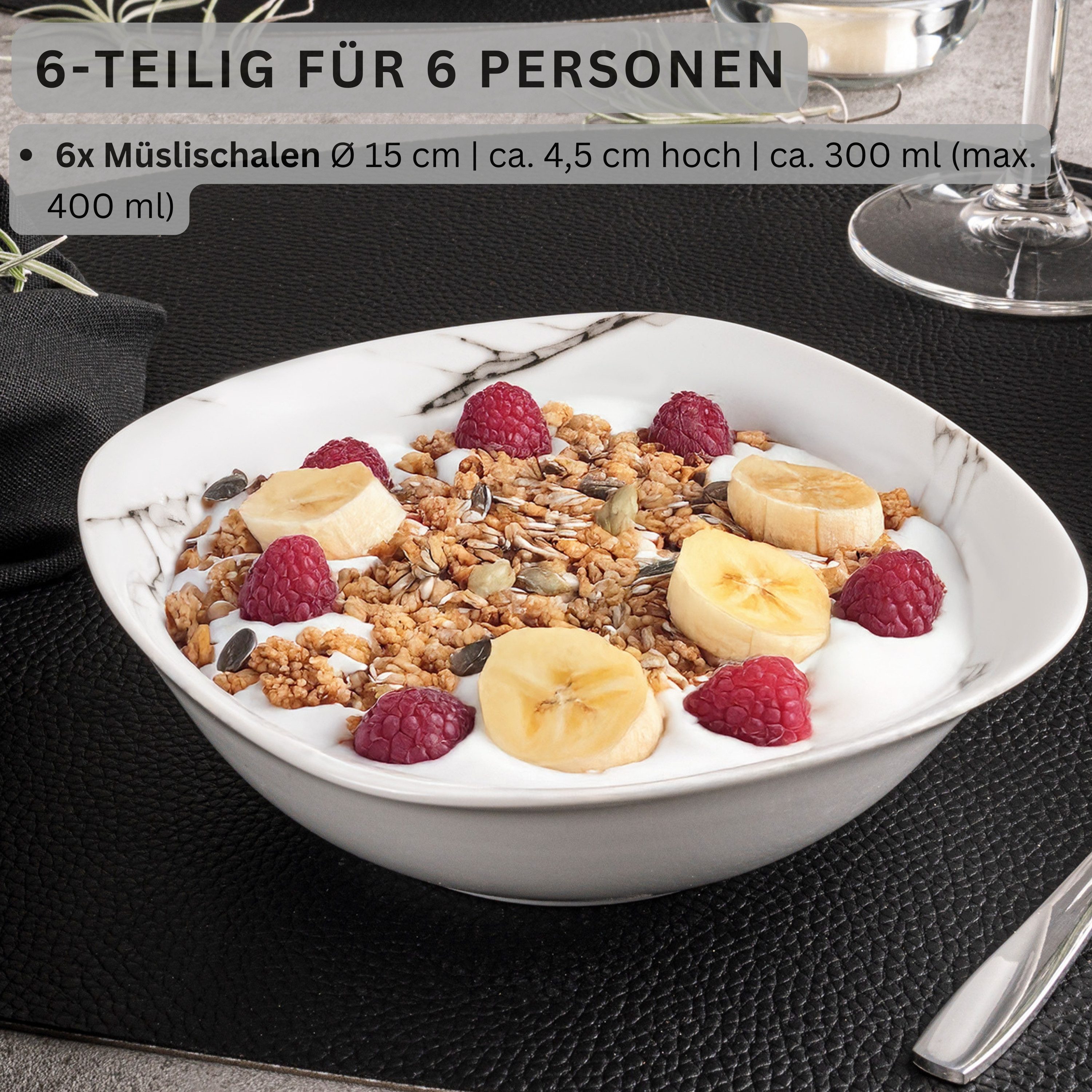 SÄNGER Müslischale Bilgola Marmor, Porzellan, (Set, 6-tlg), Marmor Design, 6x Müslischalen, Erweiterbar, PREMIUM COLLECTION