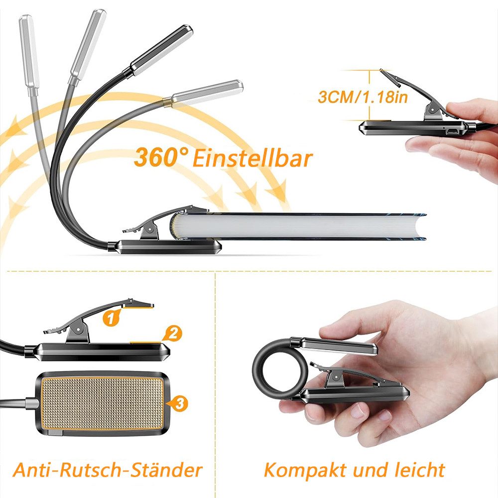 TUWENA LED Leselampe Leselampe Buch Klemme,Wiederaufladbare Buchlampe,Helligkeit Klemmlampe, 360° Flexibel Buchlampe mit 9 LEDs, 3 Farbtemperatur Modi für Bett