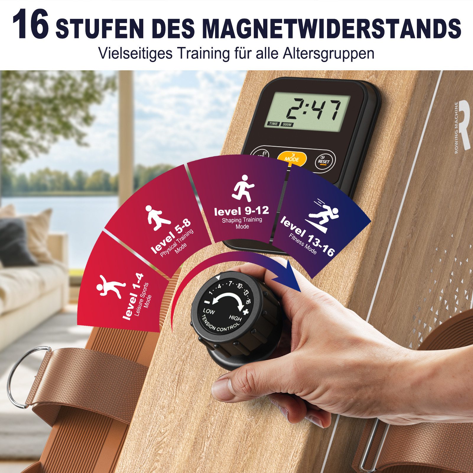 VOWVIT Rudergerät für Zuhause OR3-Kompaktes Rudergerät mit Bluetooth-Monitor, 16 Resistance Levels,Vertikale Aufbewahrung