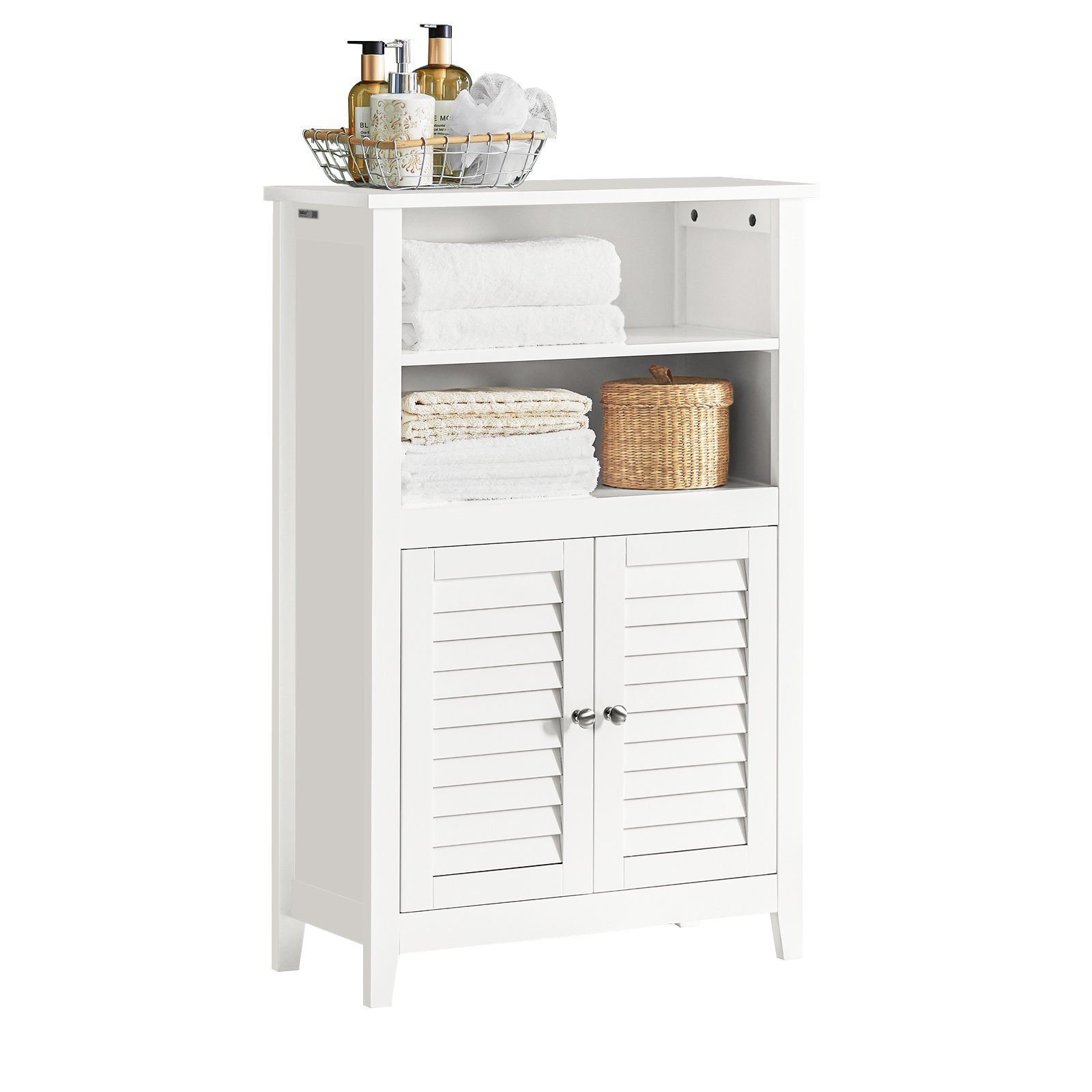 SoBuy Badkommode BZR13, Flurschrank Badezimmerschrank schmal, mit Lamellentür, Badschrank mit Zwei Ablagen und Türen Kommode fürs Bad Sideboard