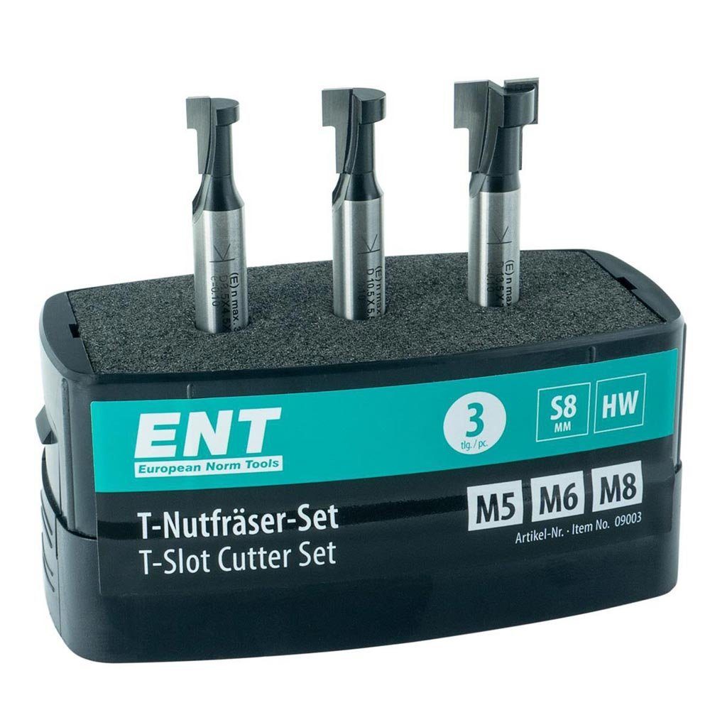 ENT European Norm Tools T-Nutfräser 09003 3-tlg. T-Nutfräser-Set, Fräserset, optimiert für M5, M6 und M8 Sechskantschrauben - Schaft Ø 8 mm, Hartmetall