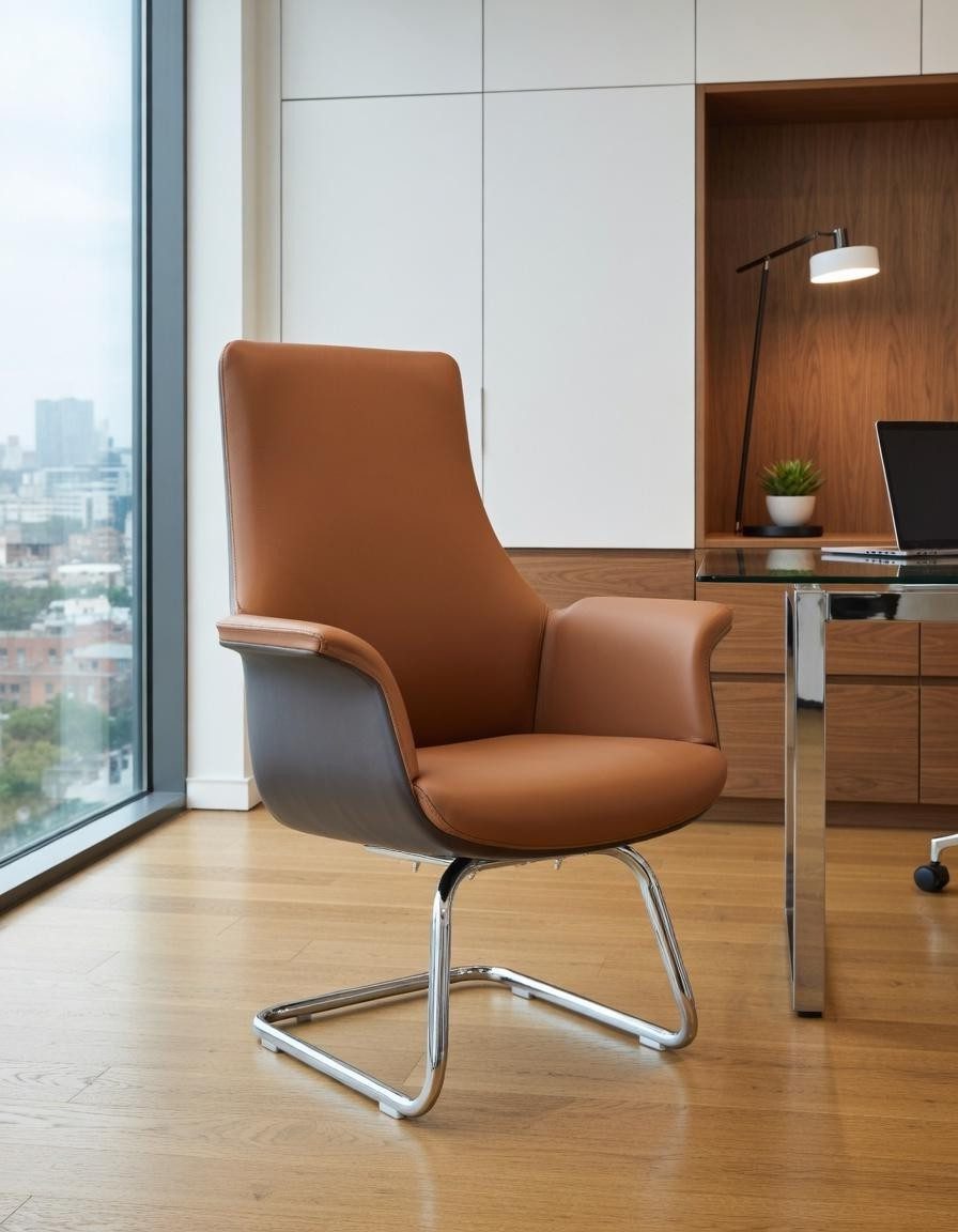 Xlmoebel Besucherstuhl Ergonomischer Bürostuhl aus braunem Leder mit Chromgestell, Made in Europa