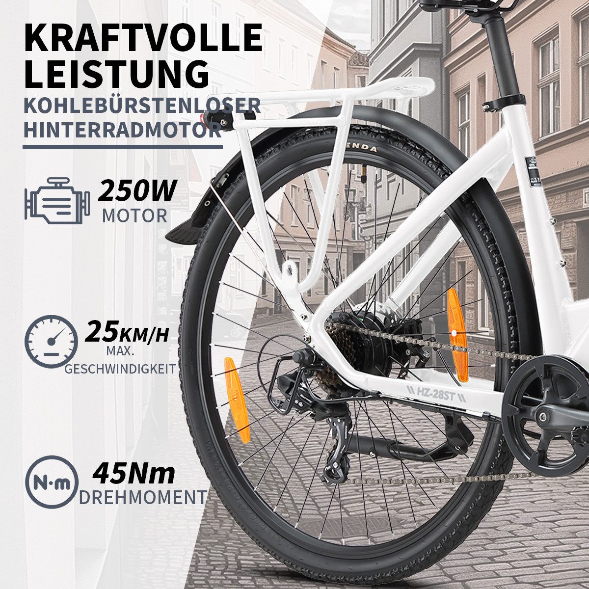 TTGO E-Bike Cityrad HZ28ST250W 28 Zoll 45Nm 720Wh 20Ah Akku 110km Reichweite, 7 Gang, Kettenschaltung, Heckmotor, 720 Wh, mit 250W Heckmotor, 7 Gänge, LCD, Scheibenbremsen,E-bikes