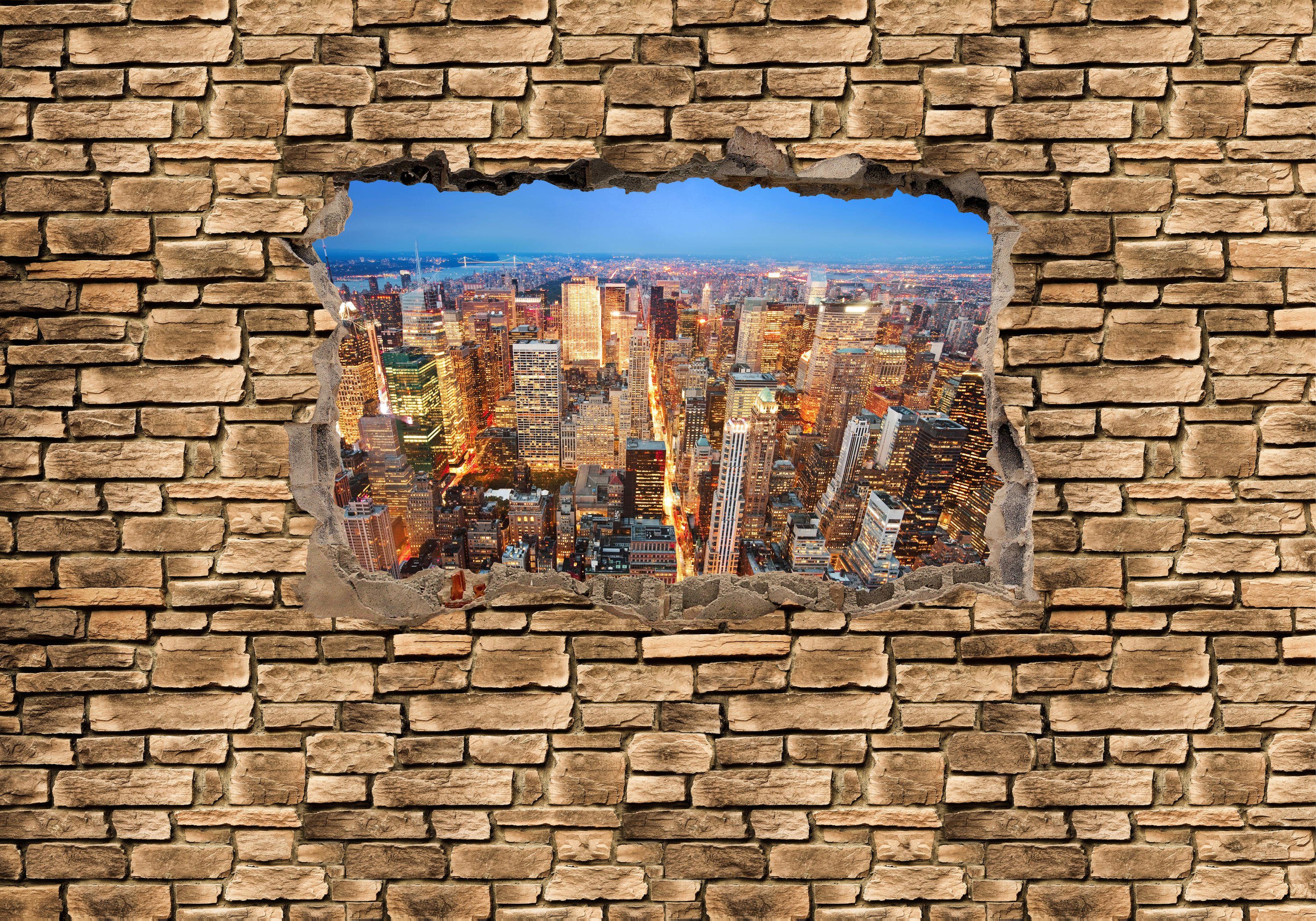 wandmotiv24 Fototapete 3D Manhattan bei Nacht - Steinmauer, glatt, Wandtapete, Motivtapete, matt, Vliestapete