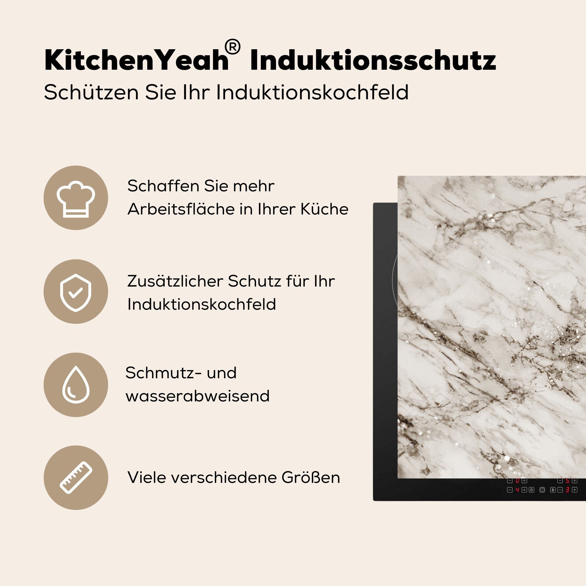 MuchoWow Herdblende-/Abdeckplatte Marmor - - 78x78 Muster küche für Glitter, Ceranfeldabdeckung, cm, (1 Grau Arbeitsplatte - Vinyl, tlg)
