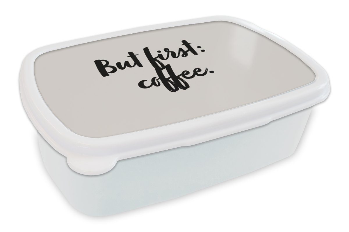 MuchoWow Lunchbox für - (2-tlg), Mädchen Kinder zuerst: Brotbox Kaffee weiß Aber Koffein und Zitate, - Sprichwörter Jungs Brotdose, Kaffee Kunststoff, Erwachsene, für - und 