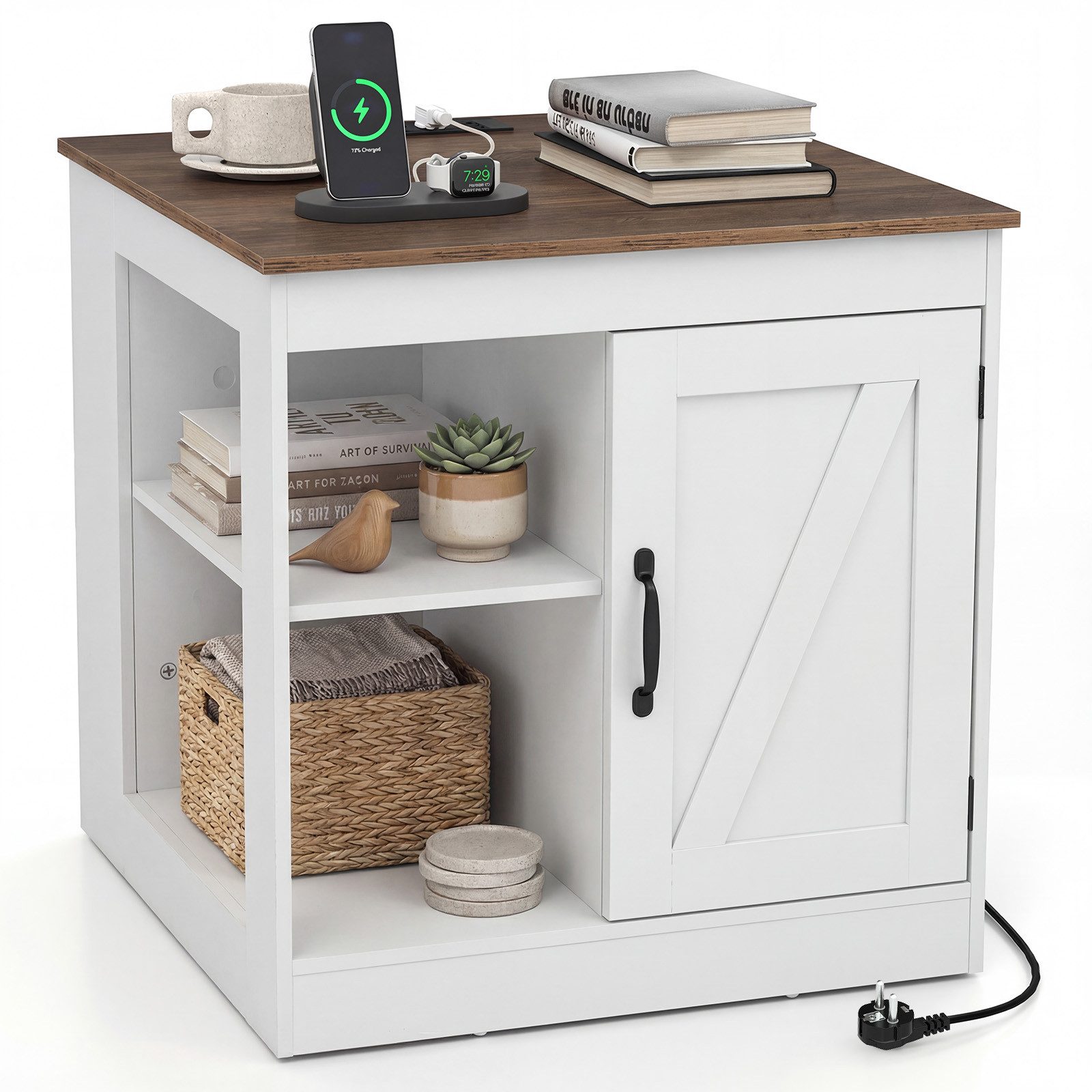 COSTWAY Beistelltisch, Nachttisch mit Ladefunktion, verstellbarem Regal Holz