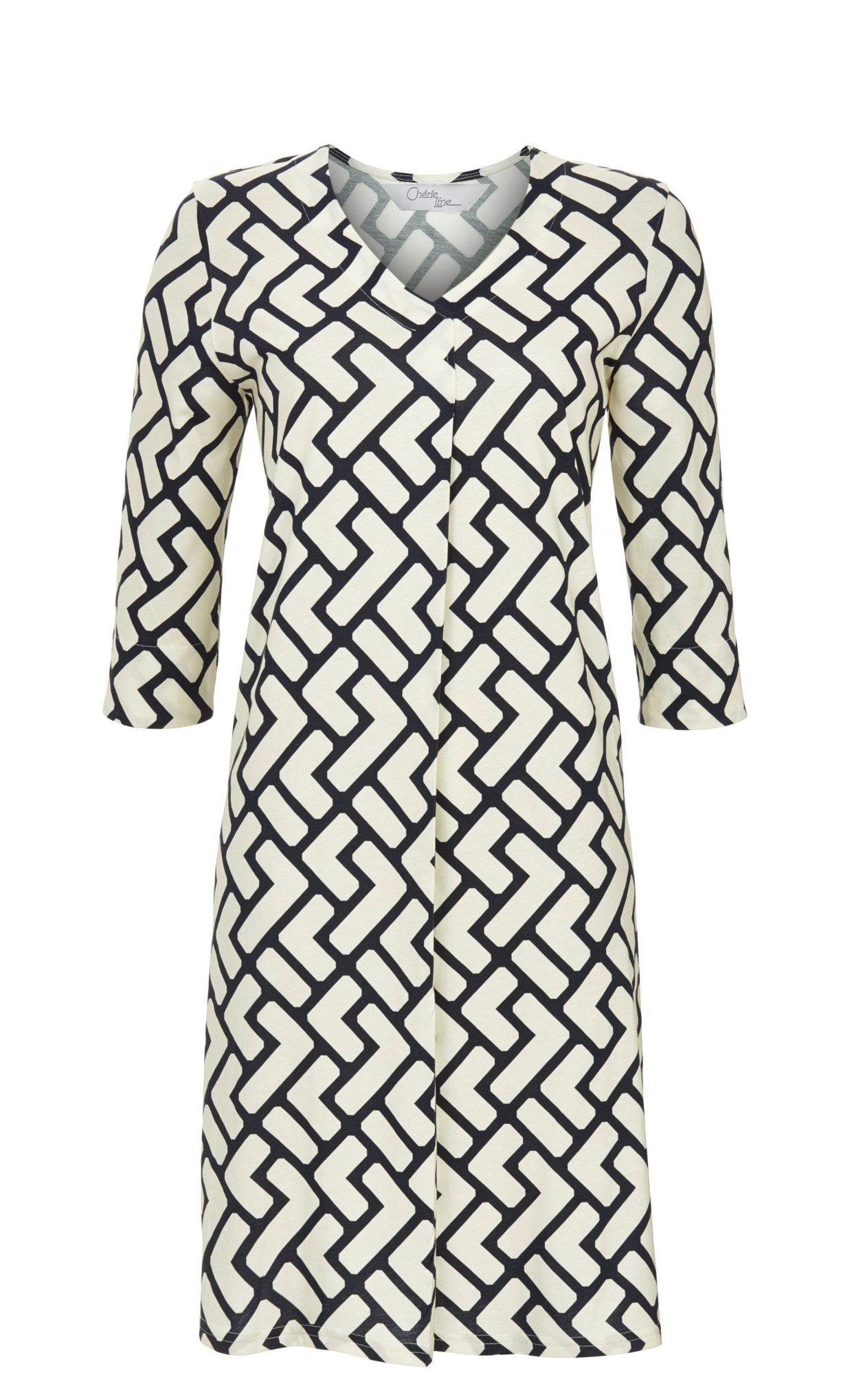Chérie Line Sommerkleid im grafischen Dessin, mit V-Ausschnitt, Kellerfalte und 3/4 Arm 50% Baumwolle 50% Modal
