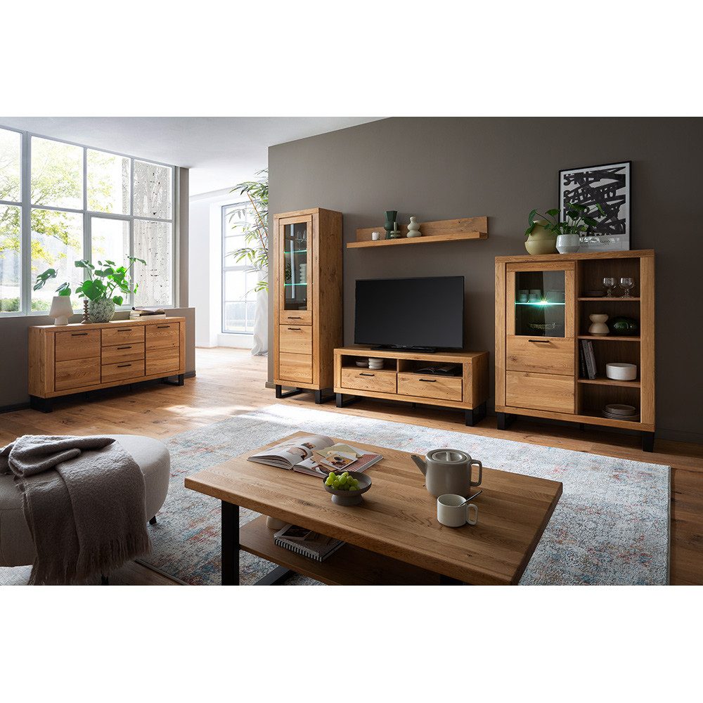 Lomadox Wohnzimmer-Set KUMASI-06, (Mega-Spar-Set, 6-St., Couchtisch Highboard Lowboard Sideboard Vitrine Wandregal), in Eiche teilmassiv, inkl. LED-Beleuchtung, Metallgriffe & -füße
