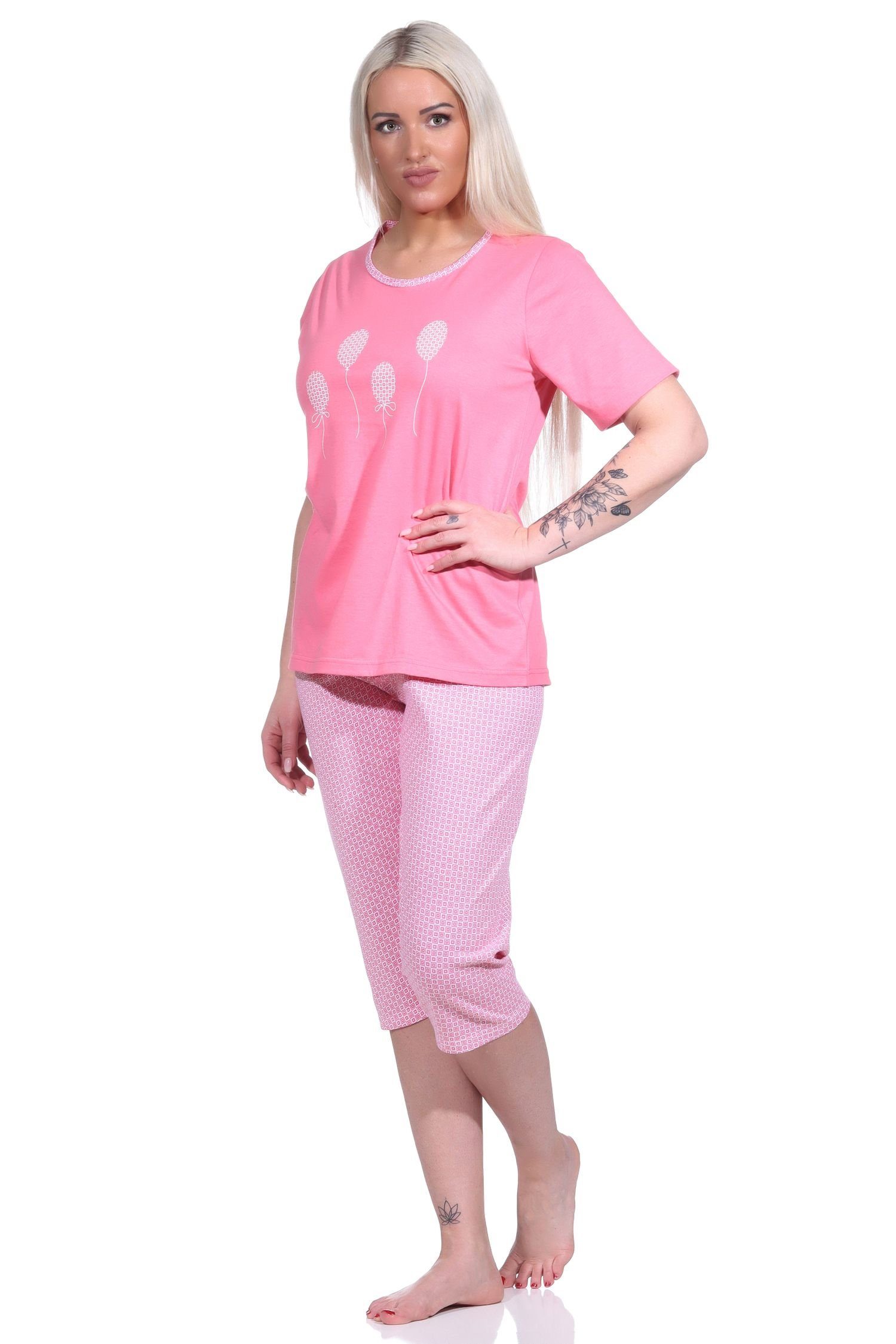 pink Capri Pyjama Damen Normann und mit Capri-Hose Minimal-Print Pyjama kurzarm