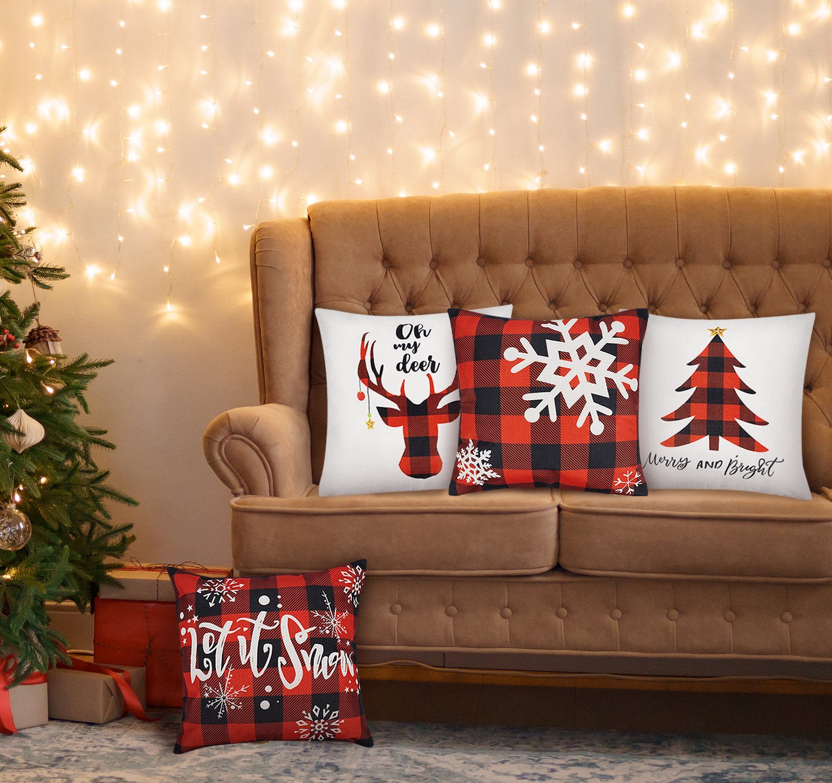 Sofa Kissenbezüge Weihnachtsdeko Leinen 4tlg für Zimmer Homewit, Weihnachtskissenbezüge 45x45cm mit Kissen Bezüge Reißverschluss, Karomuster