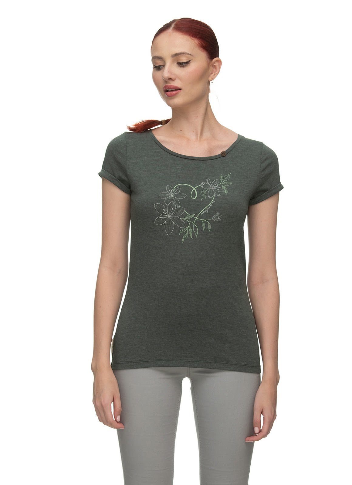 T-Shirt Organic Florah Dark Ragwear Print W Damen Kurzarm-Shirt Green Ragwear