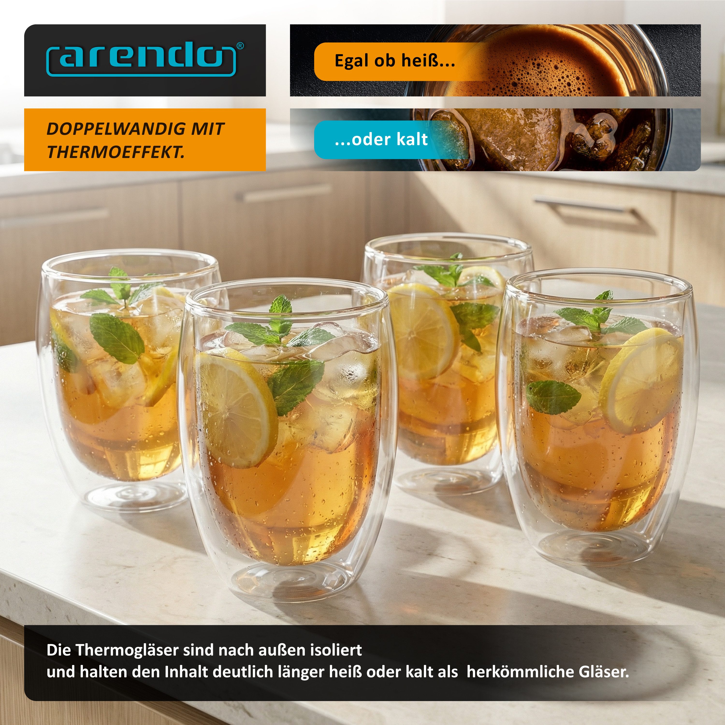 Arendo Gläser-Set doppelwandige Thermogläser, 350 ml Kaffeetasse, Trinkglas ohne Henkel, 6-tlg., Glas, für Latte Macchiato, Cappuccino, Tee, hitzebeständig spül – Bild 5 von 5