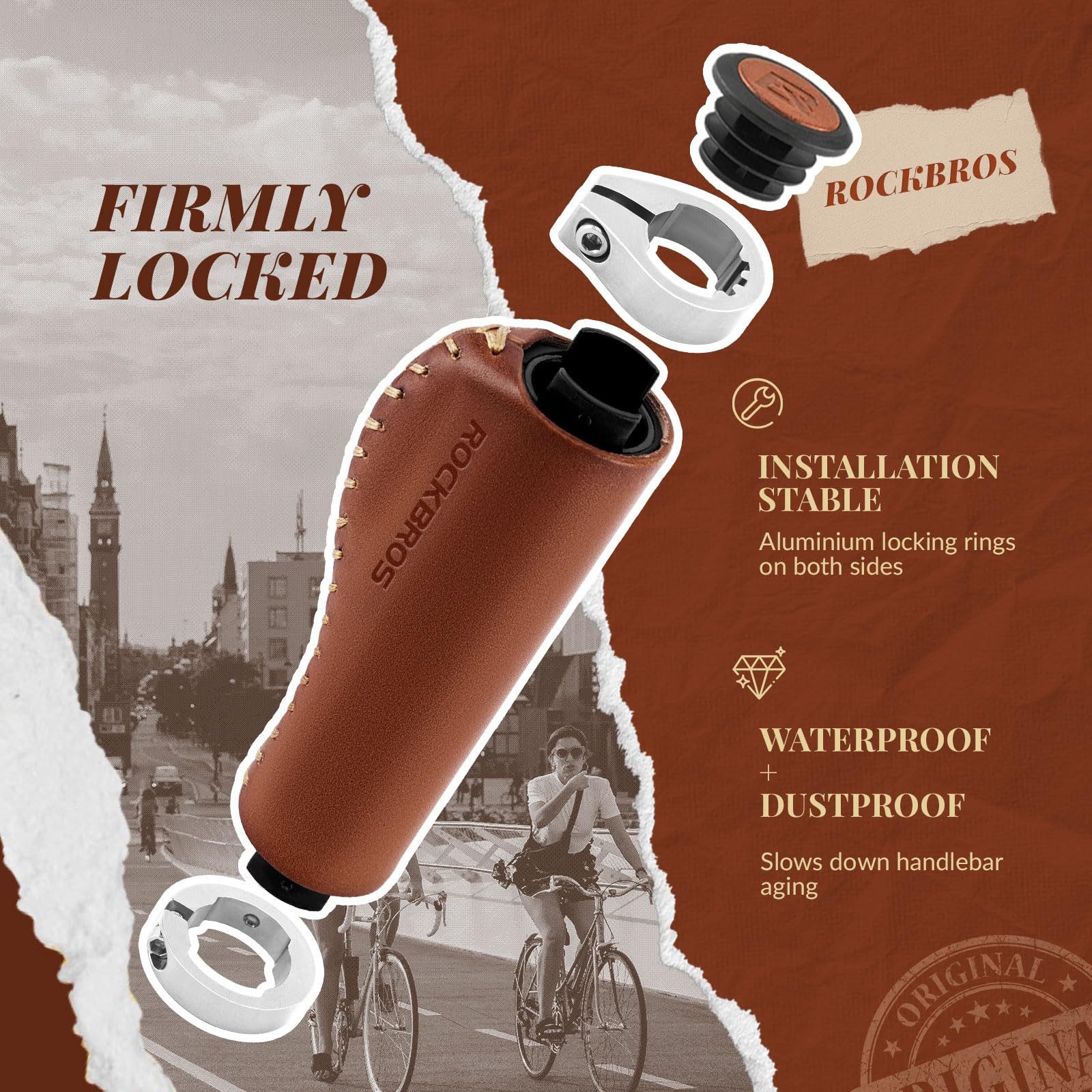 ROCKBROS Fahrradlenkergriff Ergonomische Fahrradgriffe mit Lock-On Design (für MTB, Rennrad, Trekking- und Citybike), Retro Lenkergriffe aus Leder, rutschfest und komfortabel