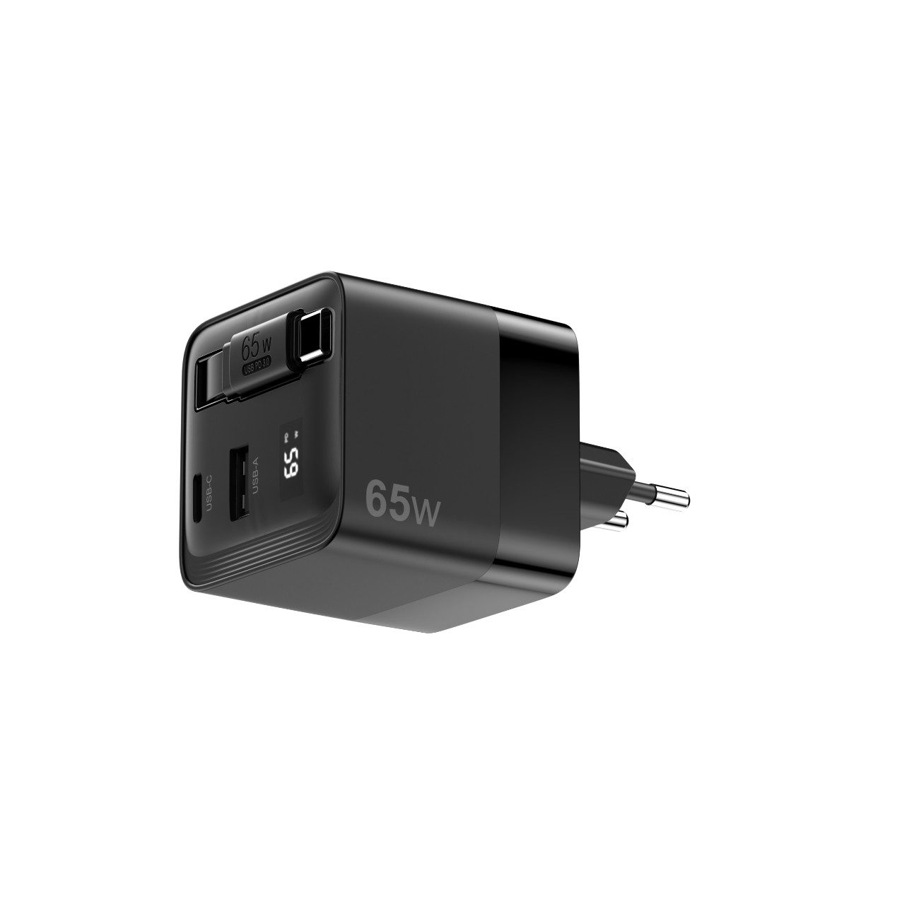 Sitecom CH-1005 USB-Ladegerät (3250 mA, Einzelladegerät, Einzelladegerät, GaN-Wandladegerät 65 W mit LED und ausziehbarem USB-C-Kabel)