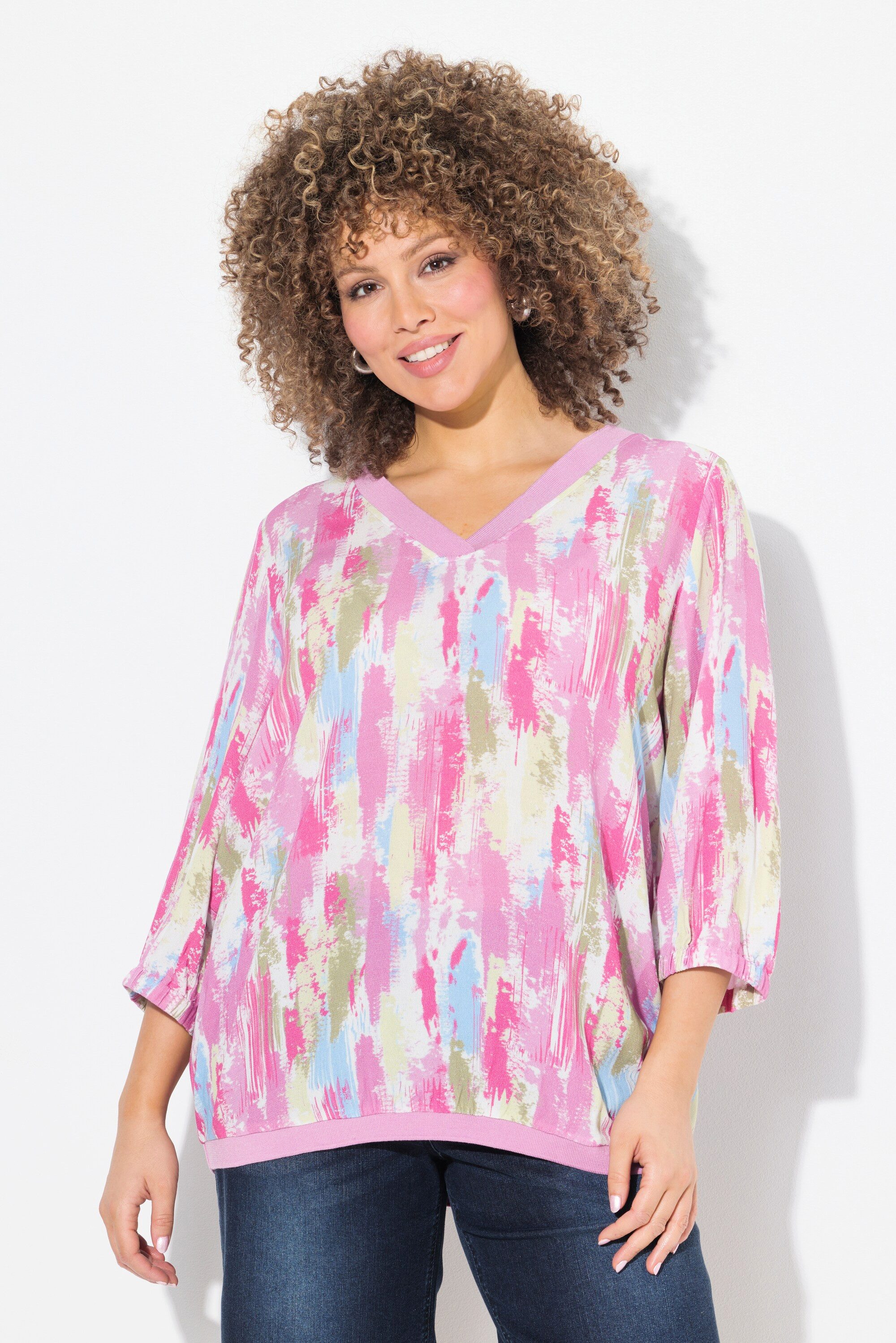 Ulla Popken Druckbluse Bluse Krepp Rippsaum günstig online kaufen