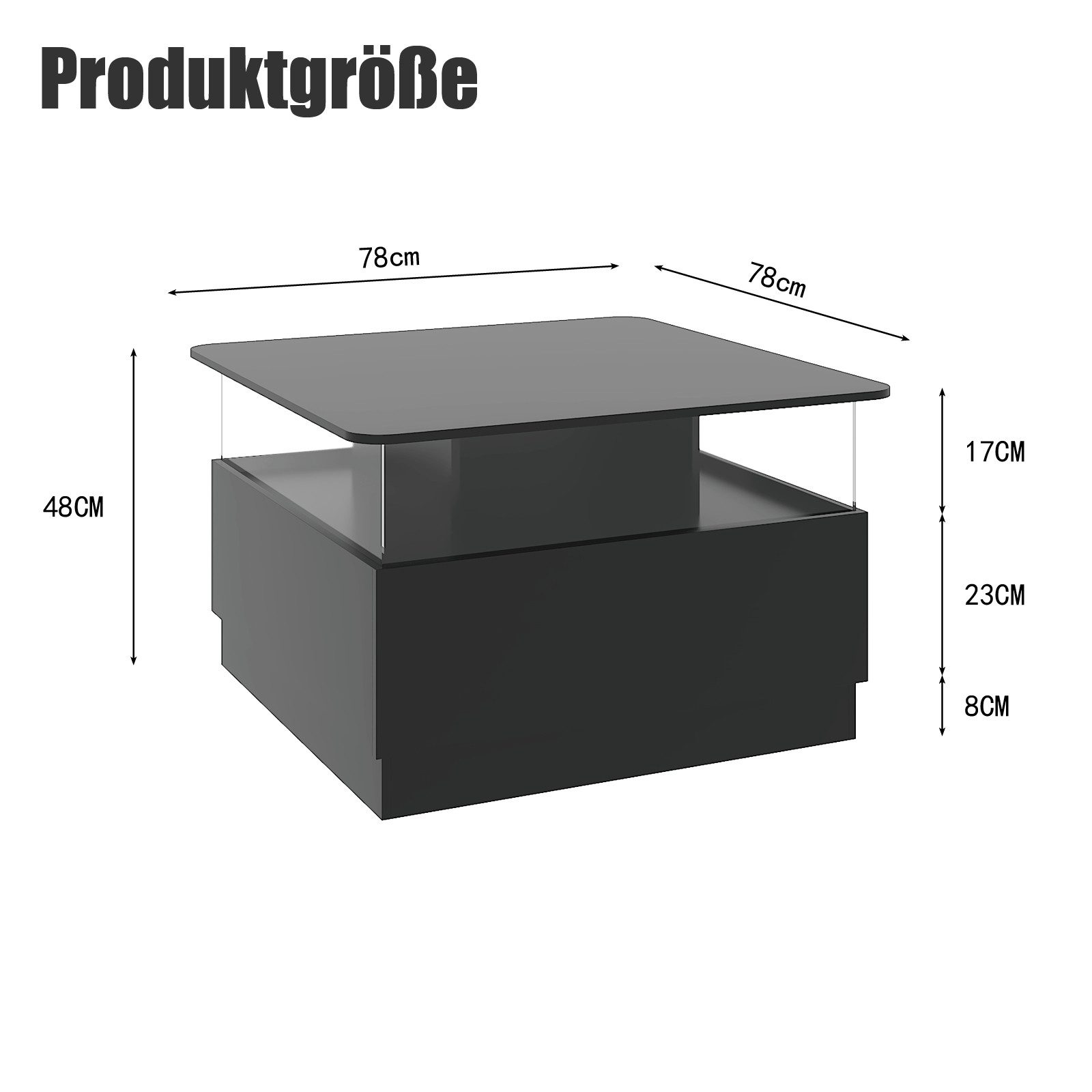 radelldar Couchtisch quadratisch mit LED-Beleuchtung und 2 Acryltüren-Schubladen (1-St), Wohnzimmertisch Beistelltisch, 78x78x48cm