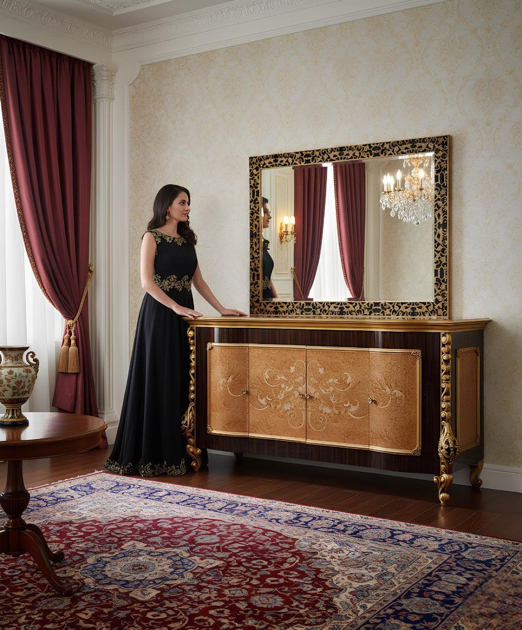 JVmoebel Sideboard Dresser mit Spiegel – Edles Holz Sideboard im Klassik Design Sofort (2 St), Made in Europa