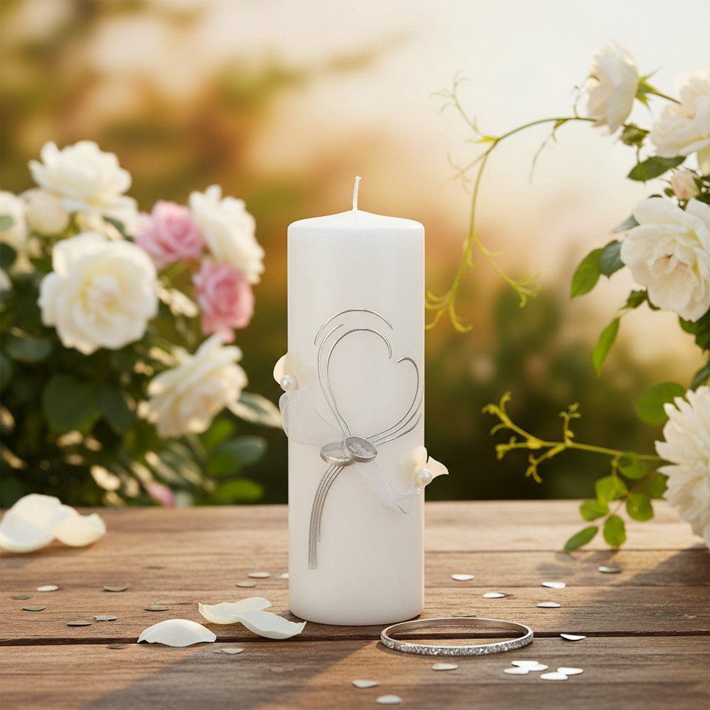 Wiedemann Kerzen Bastelnaturmaterial Elegante Hochzeitskerze mit Herzmotiv und festlicher Dekoration