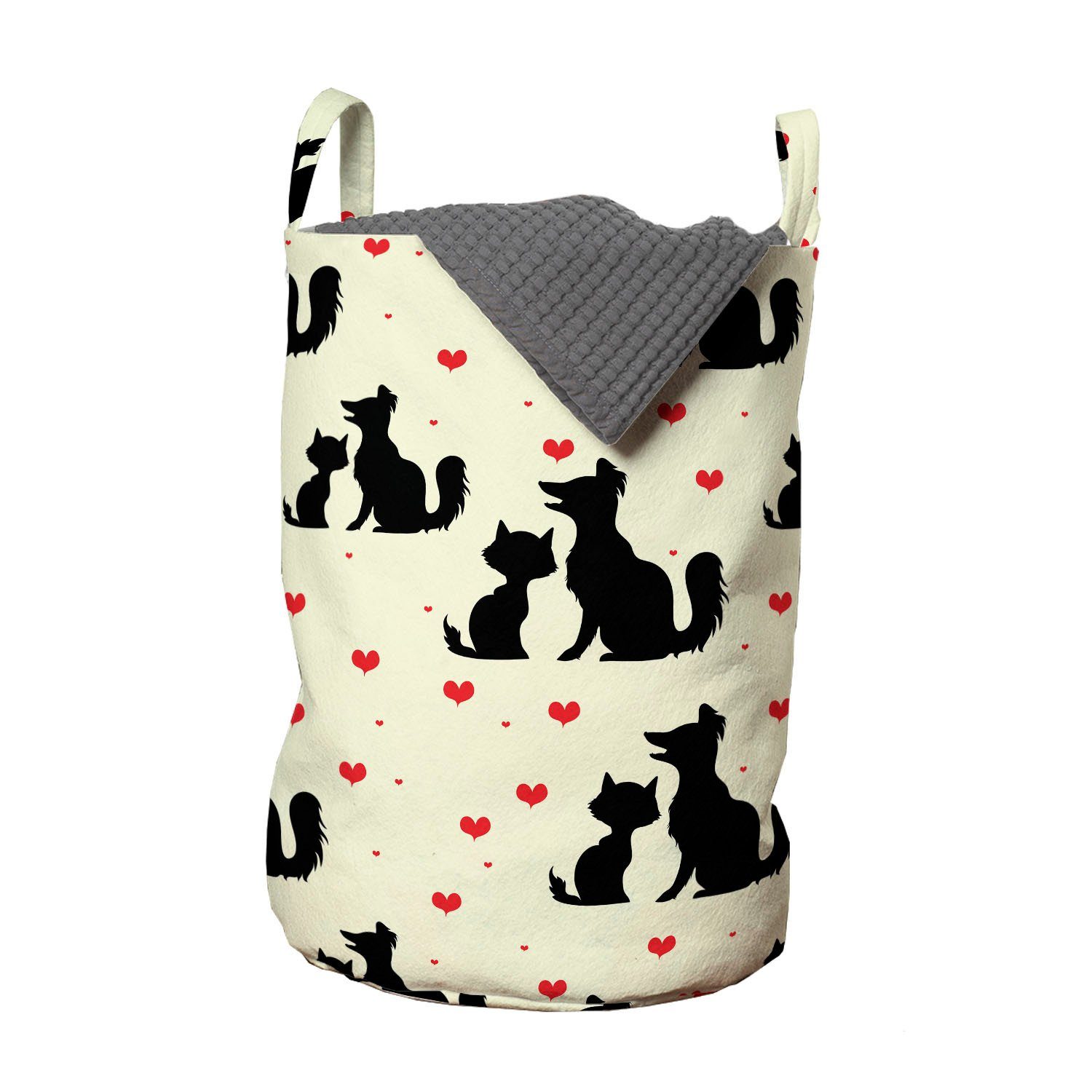 Abakuhaus Wäschesäckchen Wäschekorb mit Griffen Kordelzugverschluss für Waschsalons, Rot und Schwarz Hund Katze Haustier Liebe