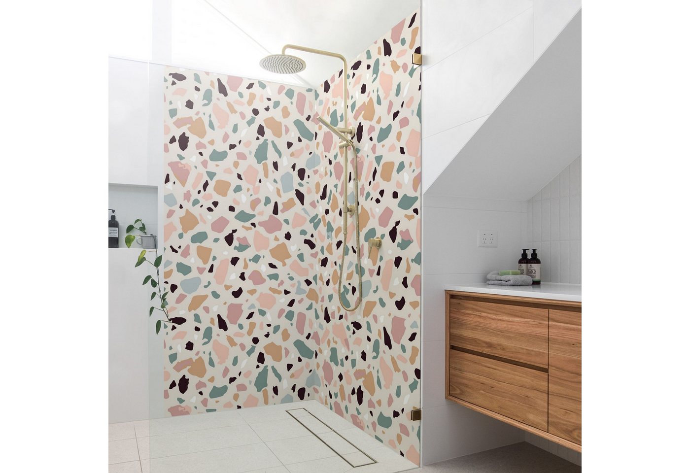 Thumbnail - Bilderdepot24 Duschrückwand Terrazzo rosa Duschrückwand ohne Bohren Muster Steinoptik, (2-tlg., 0,61 mm starke Folie sel...