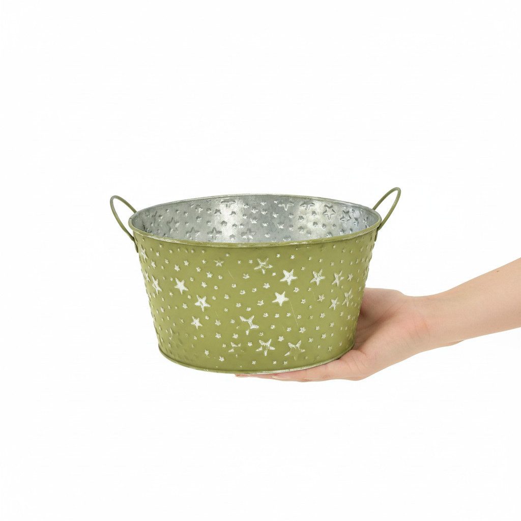 Florists Products Übertopf Grüne Metallschale Sterne mit Griffen Deko Ø20cm H11,5cm