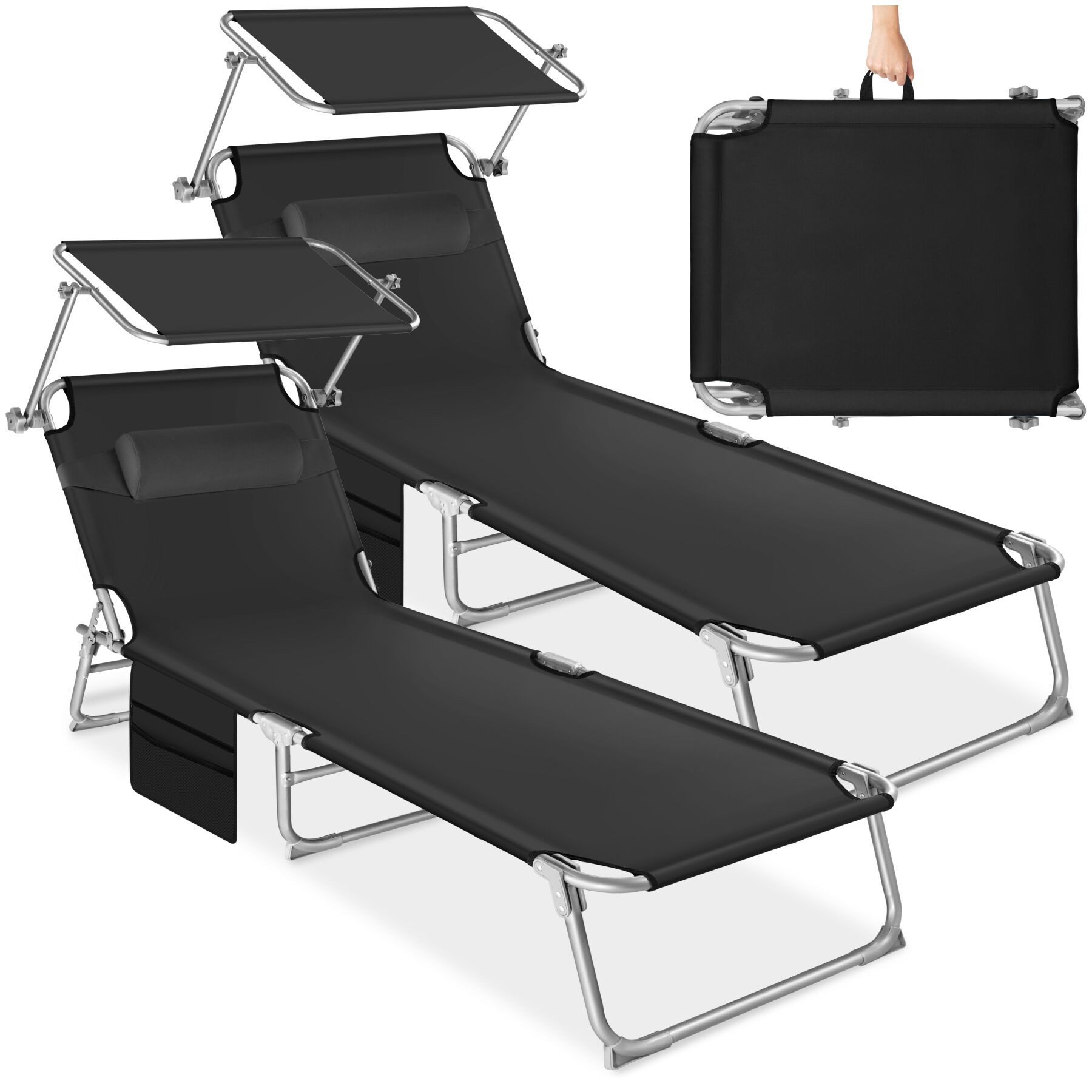 tectake Gartenliege Sonnenliege mit Seitentasche und Kopfpolster, 190 x 68 x 111cm, Balkonliege Chloé, mit Seitentasche, 2 St., für Außen in Schwarz, klappbar, verstellbar, widerstandsfähig und UV-beständig