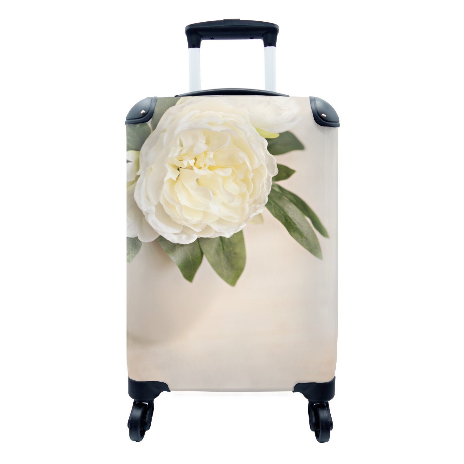 MuchoWow Handgepäckkoffer Weiße rollen, mit Reisetasche Handgepäck Ferien, 4 einer Trolley, Rollen, weißen in Vase, für Reisekoffer Pfingstrose