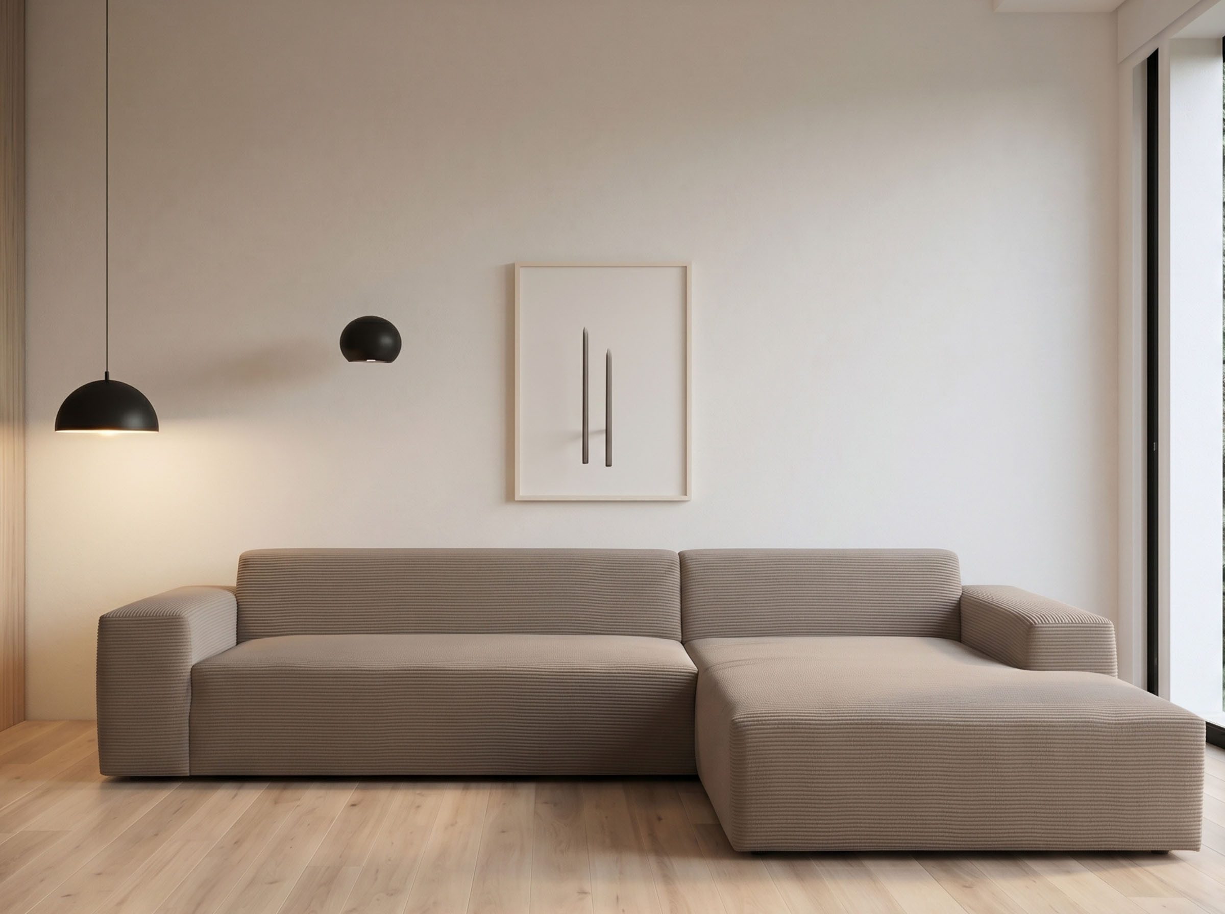 WERK2 Ecksofa Zeus-XL 311 cm breit, bequemes Mega-Sofa in L-Form, große Sitztiefe, Curvy-trend Cord Big-Sofa mit 210 cm XXL-Ottomane für 2 Personen