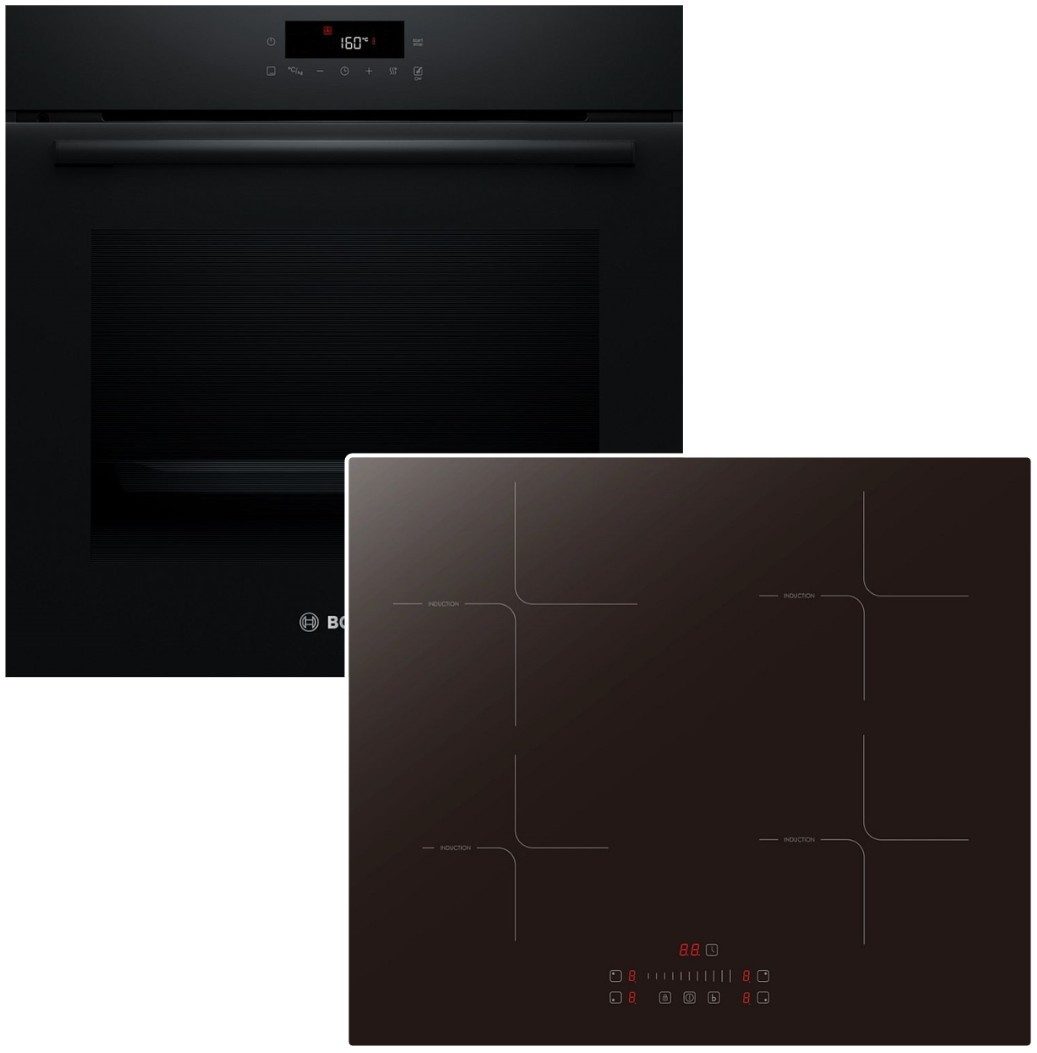 BOSCH Backofen-Set Kochfeld Pyrolyse 3D Heissluft Induktion Booster Schwarz Touch Slider, mit Nachrüstbar, Pyrolyse-Selbstreinigung Hydrolyse